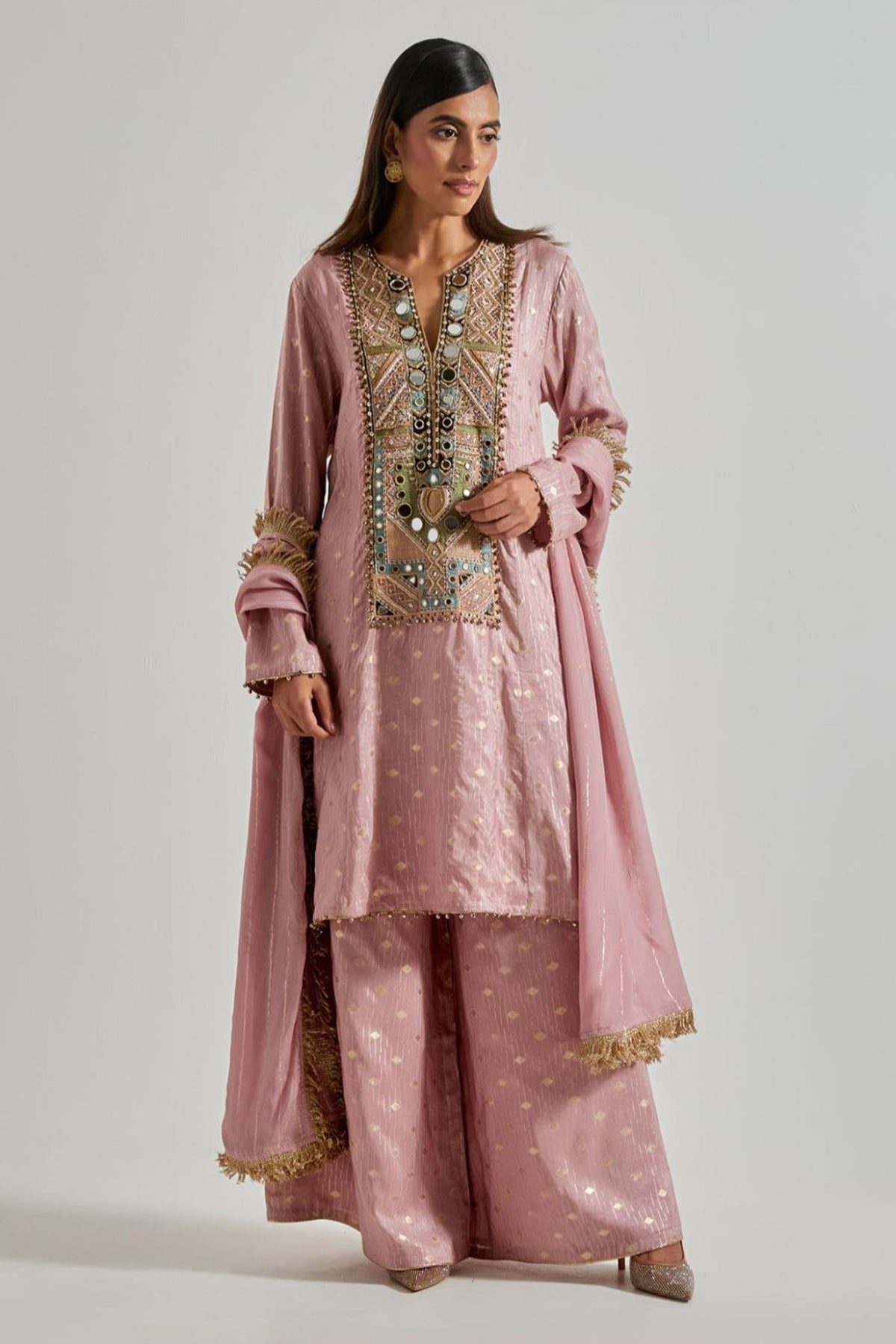 Lilac Dola Silk Kurta with Palazzo & Chiffon Dupatta
