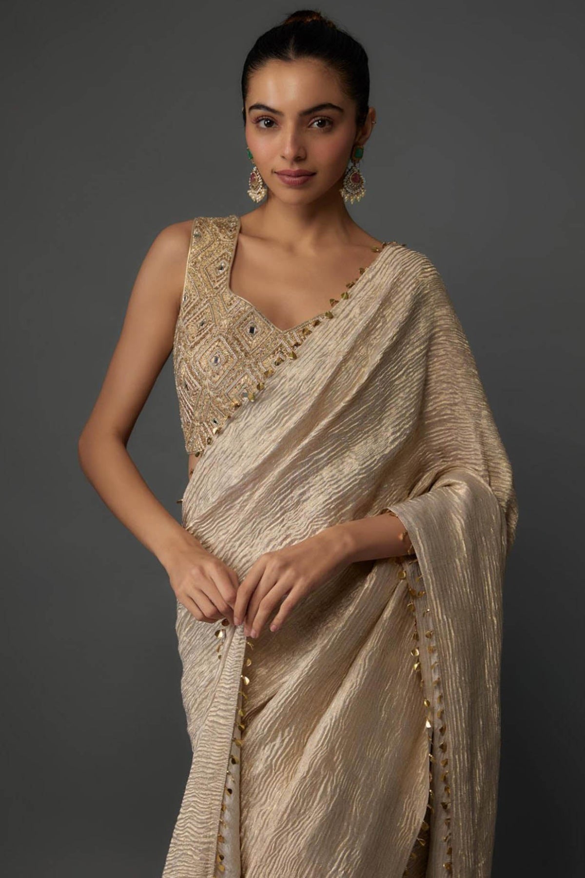 Gold Embroidered Choli And Pre-Stitched Saree