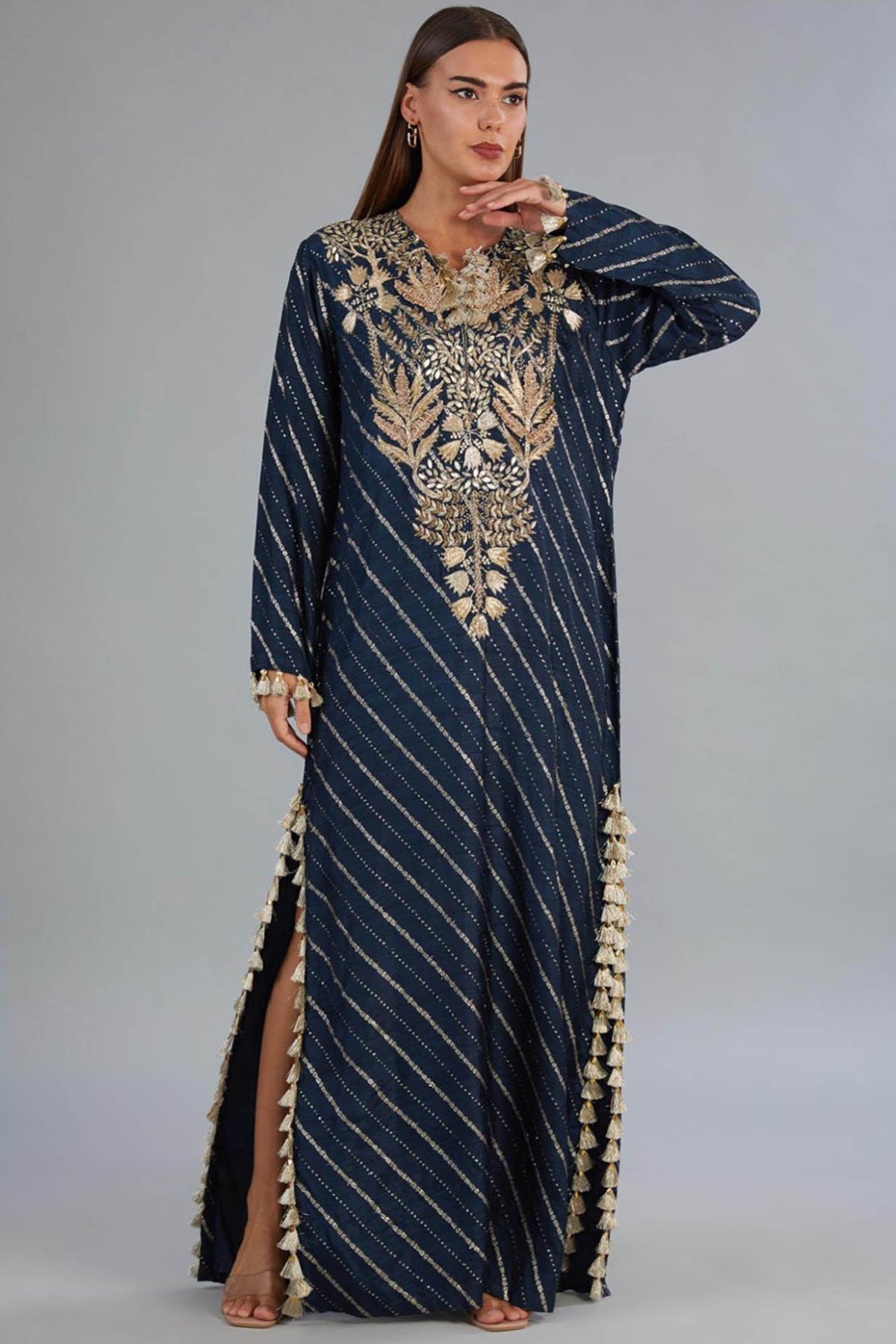 Navy Blue Dola Silk Embroidered Long Beyza Kaftan