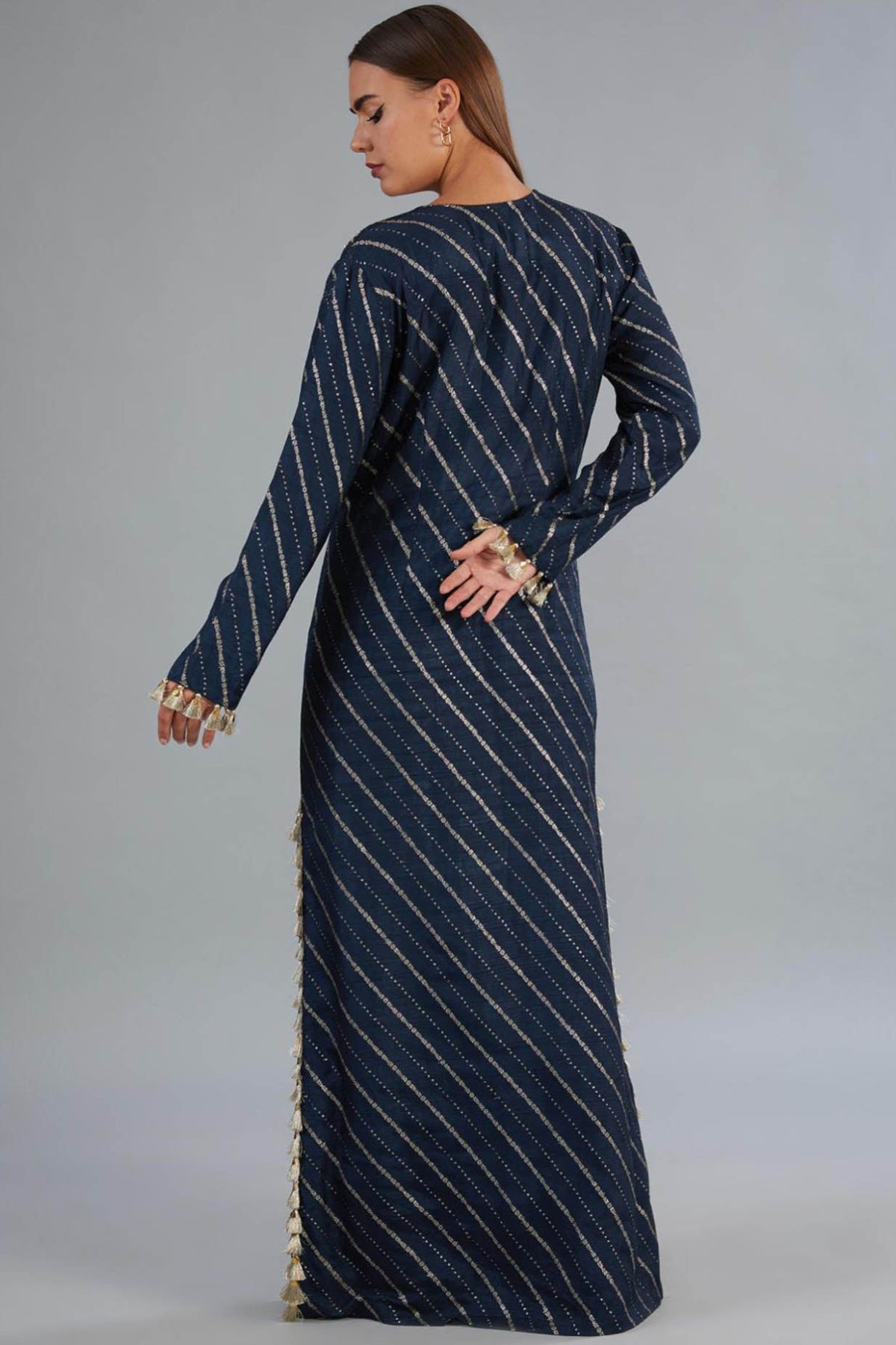 Navy Blue Dola Silk Embroidered Long Beyza Kaftan