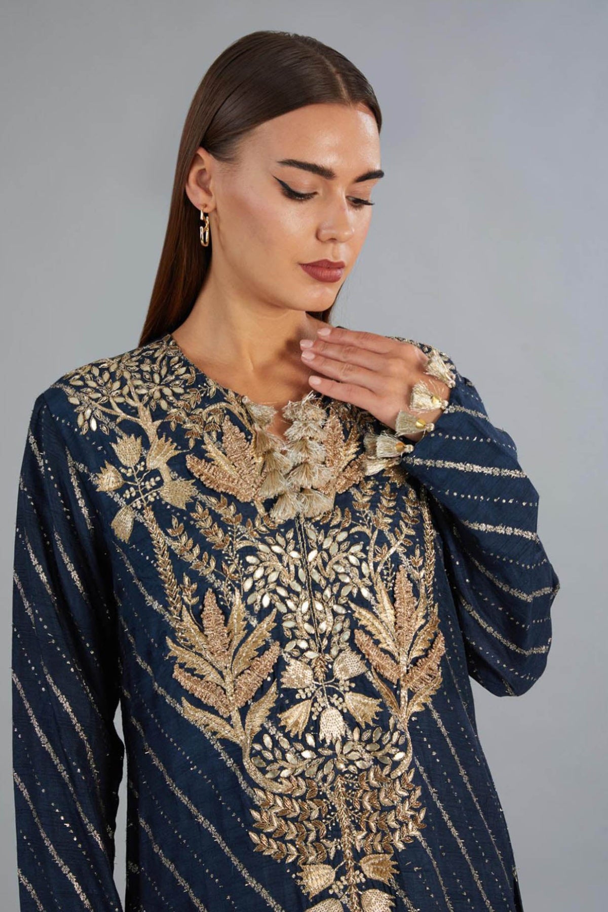 Navy Blue Dola Silk Embroidered Long Beyza Kaftan