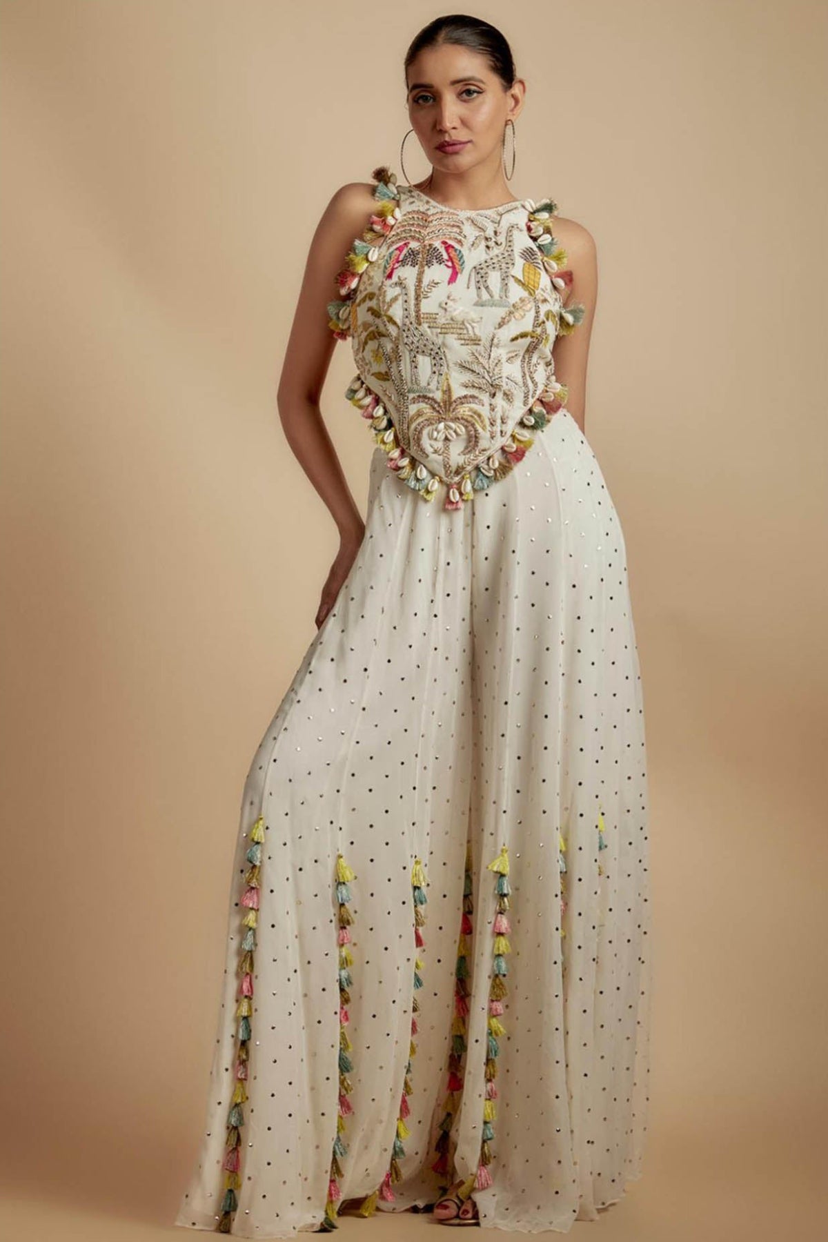 Ivory Embroidered Back Tie-Up Choli With Sharara