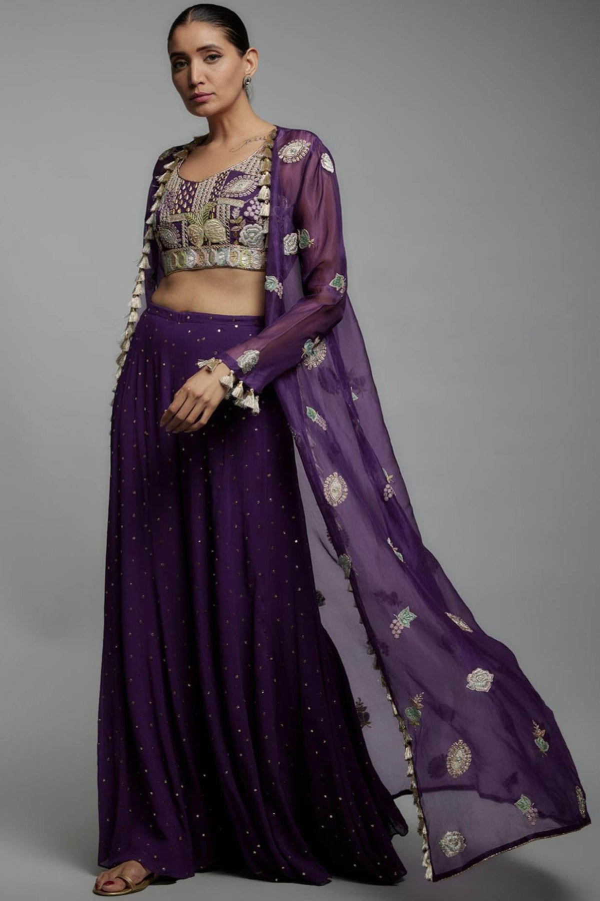 Purple Embroidered Bustier With Embroidered Jacket And Sharara