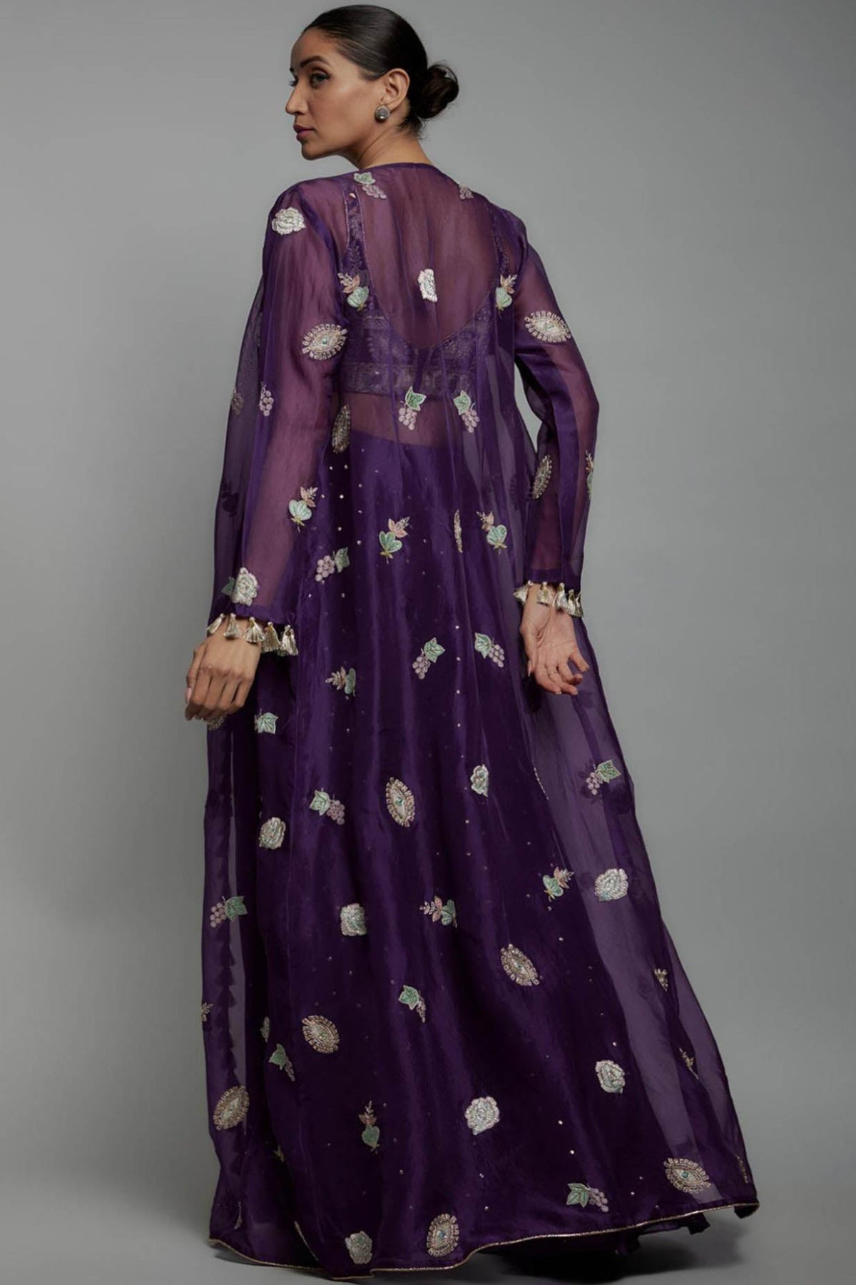 Purple Embroidered Bustier With Embroidered Jacket And Sharara
