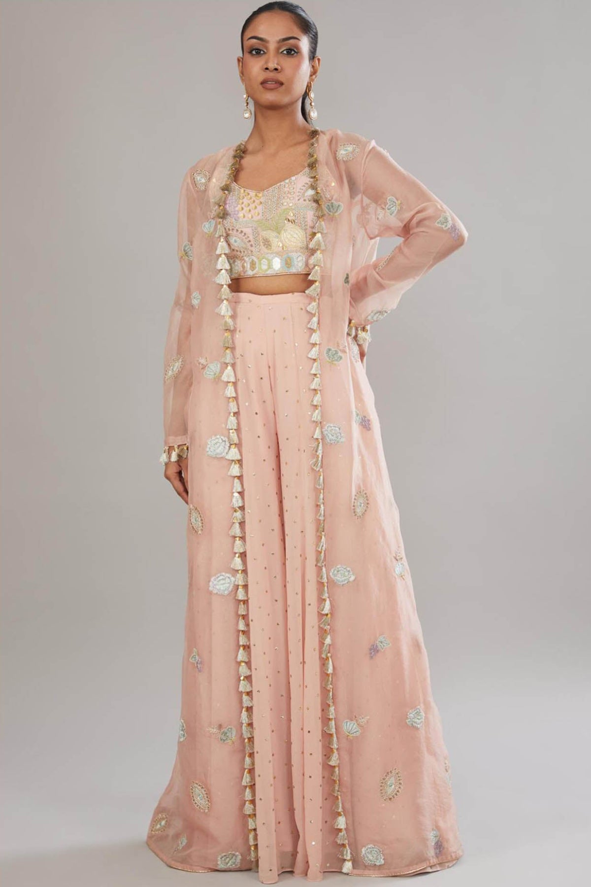 Rose Pink Embroidered Bustier With Embroidered Jacket And Sharara