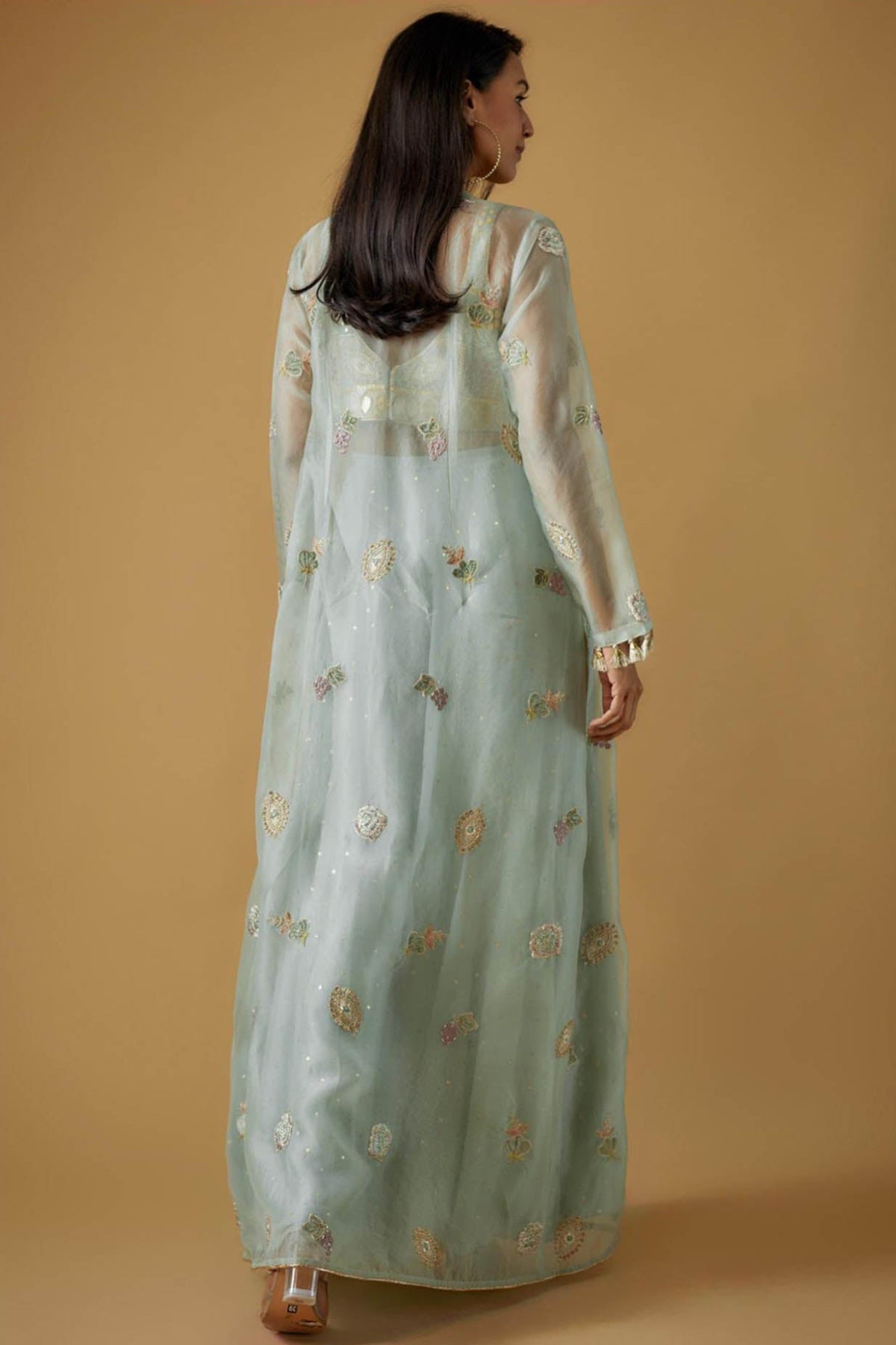 Powder Blue Embroidered Bustier With Embroidered Jacket And Sharara