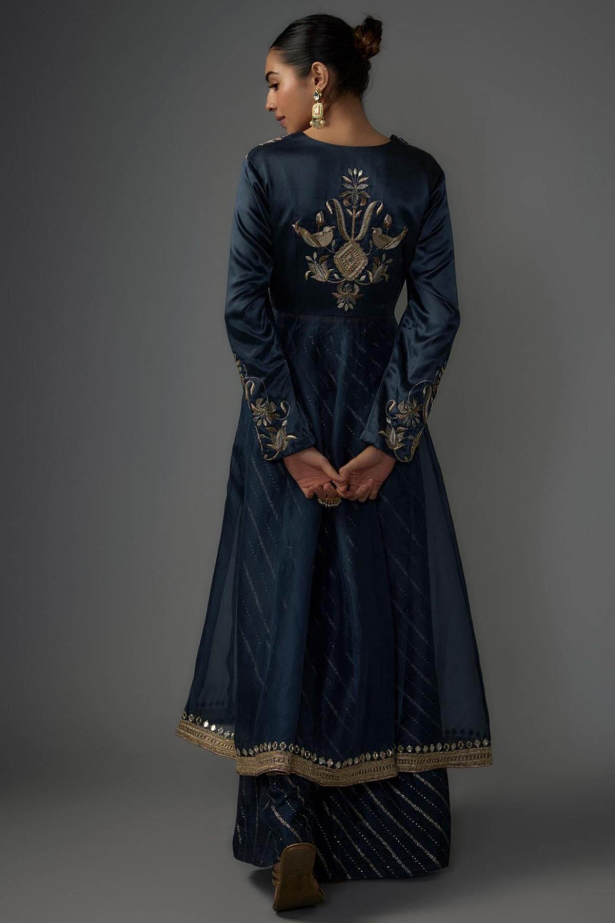 Navy Embroidered Anarkali And Palazzo With Embroidered Dupatta