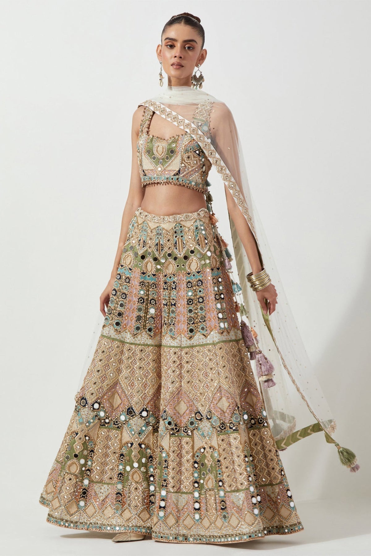 OFF WHITE EMBROIDERED CHOLI AND SHARARA WITH MUKAISH NET DUPATTA