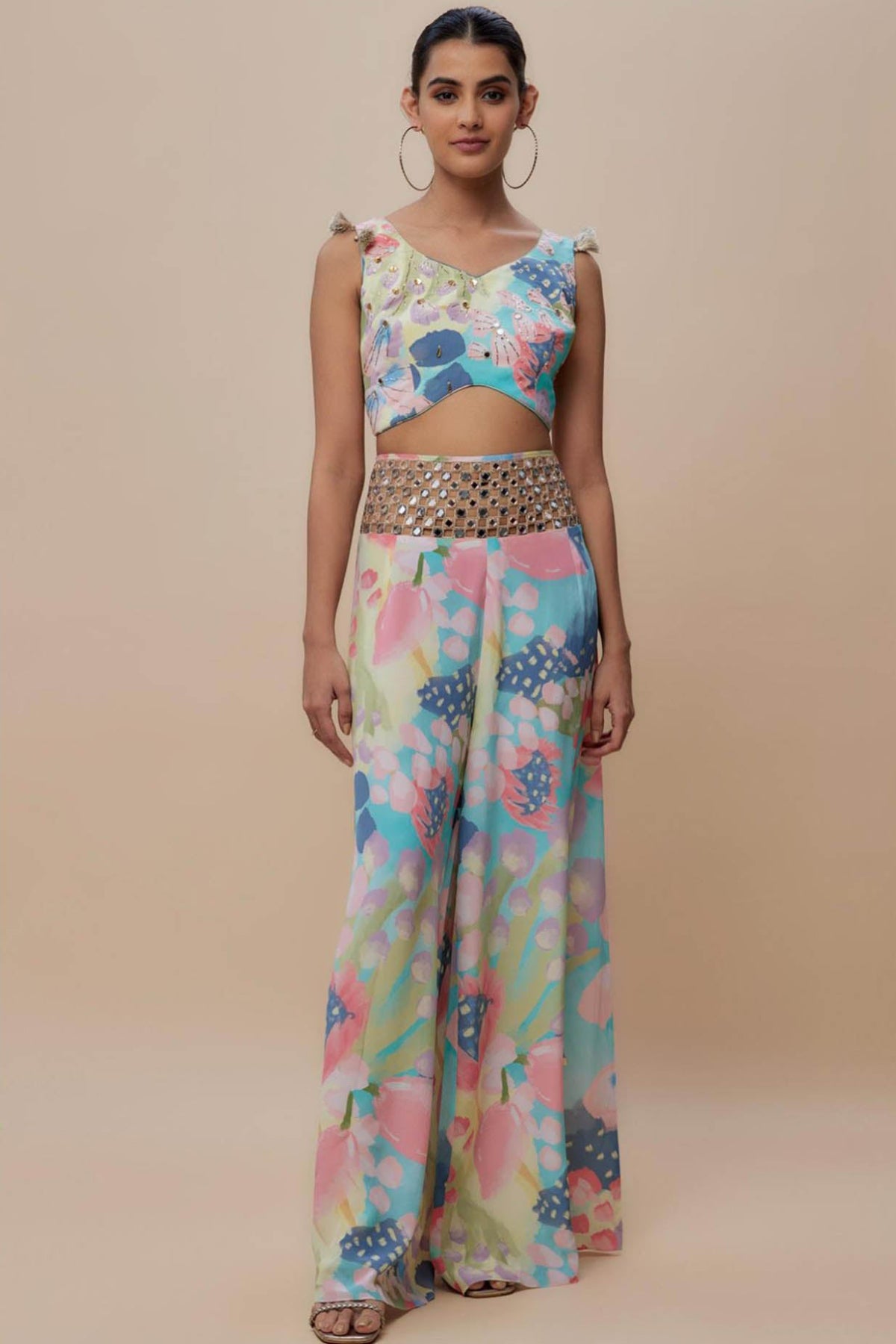 Euphoria Print Lifted Choli And Embroidered Belt Palazzo