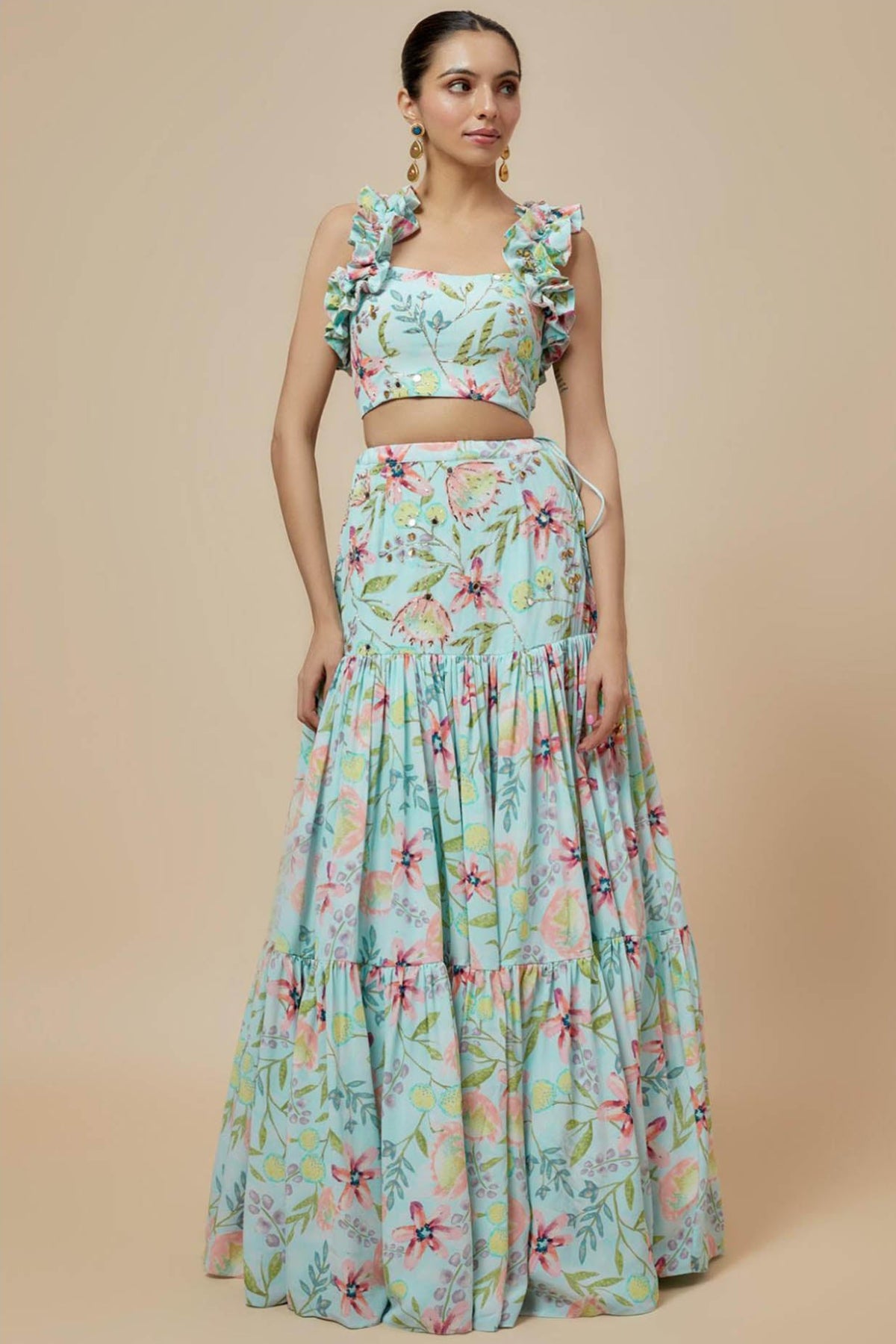 Lavender Printed Lifted Ruffled Choli And Lehenga