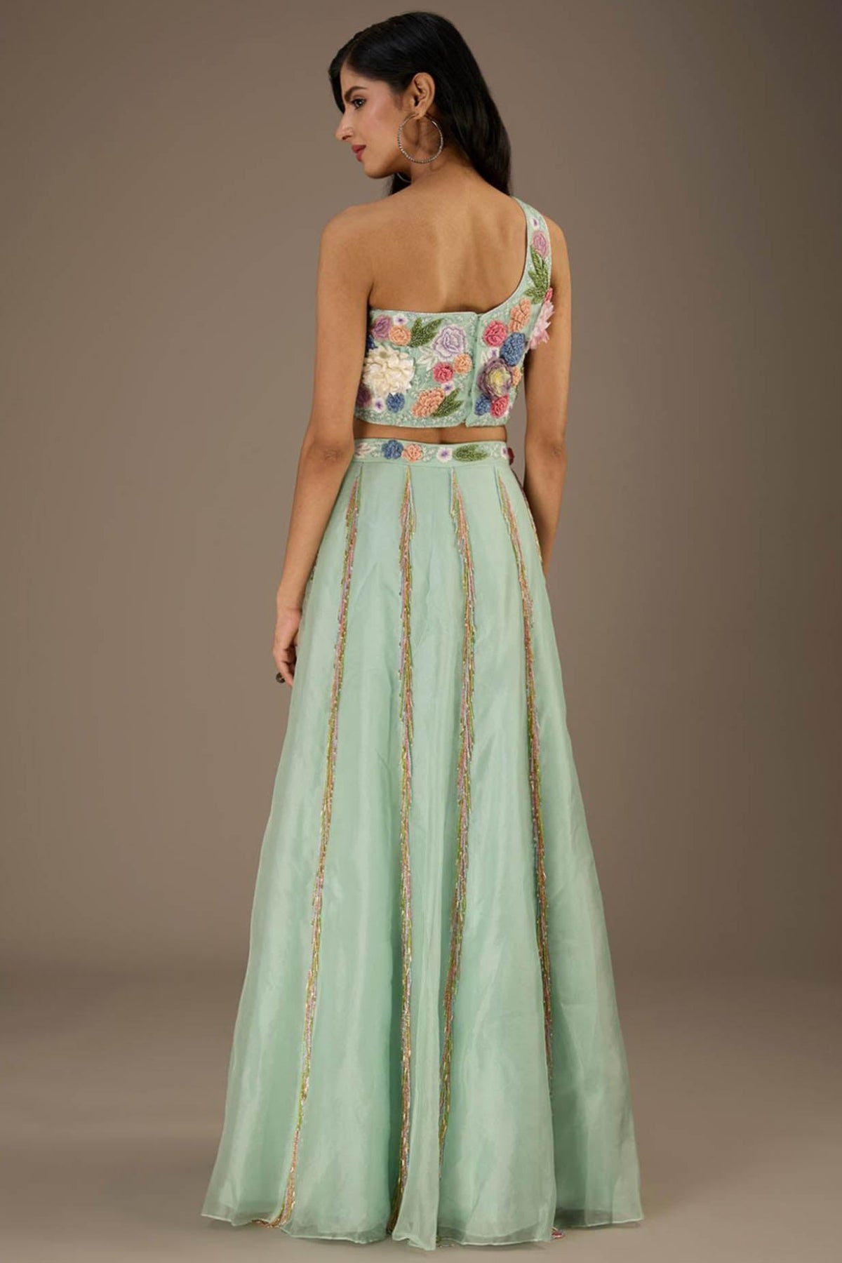 Seafoam Embroidred One Shoulder Choli With Embroidred Belt Lehenga With Dupatta