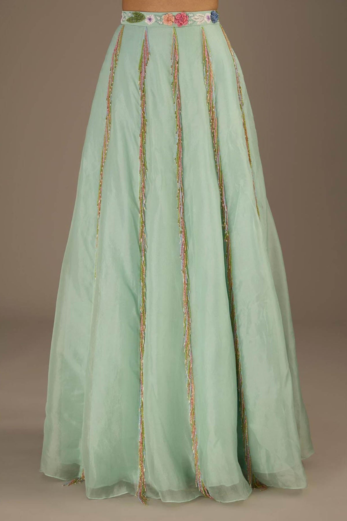 Seafoam Embroidred One Shoulder Choli With Embroidred Belt Lehenga With Dupatta