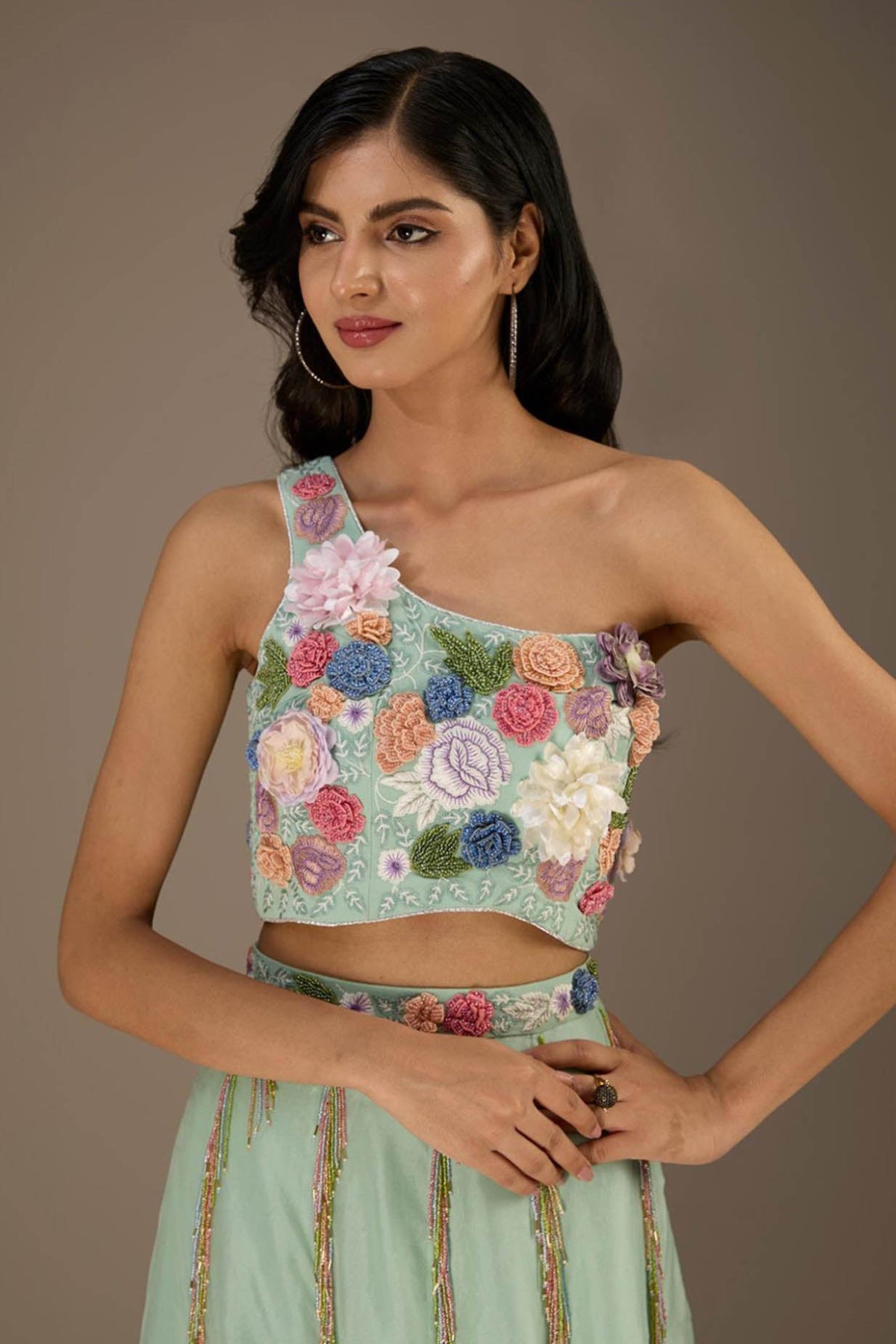 Seafoam Embroidred One Shoulder Choli With Embroidred Belt Lehenga With Dupatta