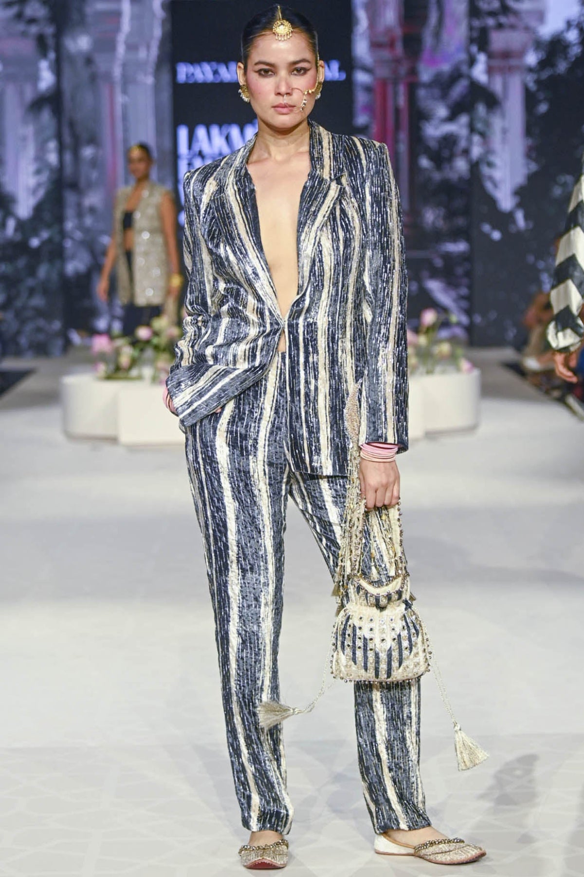 Jabeen Black & White Embroidered Blazer And Pant