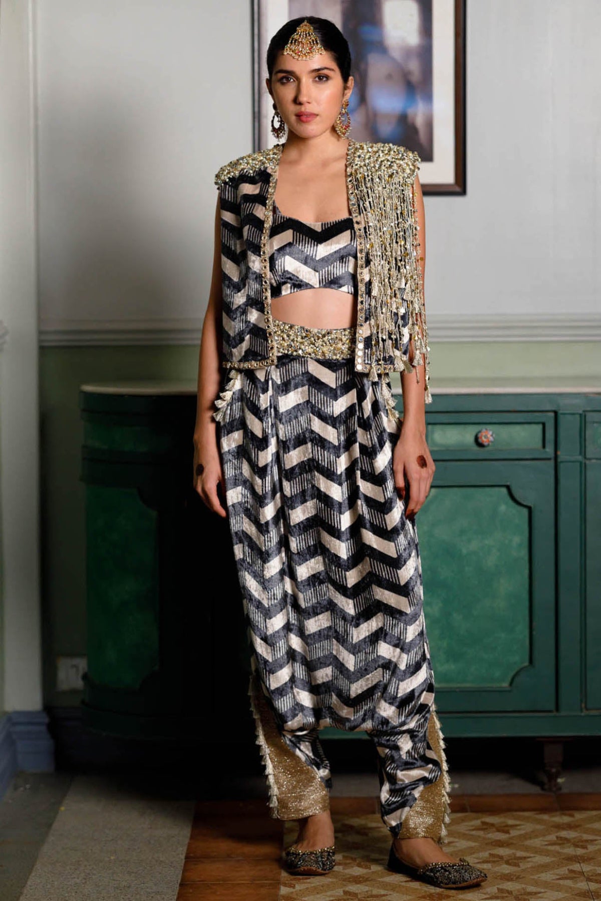 Fida Ladder Print Waist Coat With Bustier And Low Crotch Pant