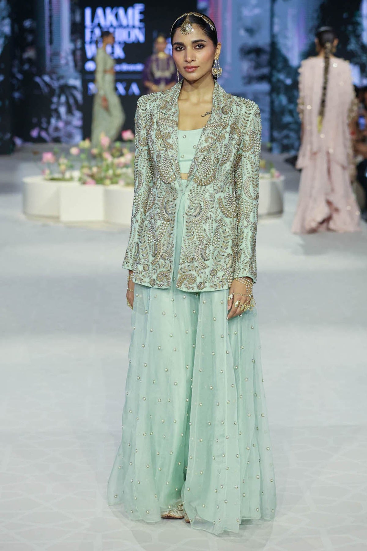 Shazia Mint Embroidered Blazer And Bustier With Sharara
