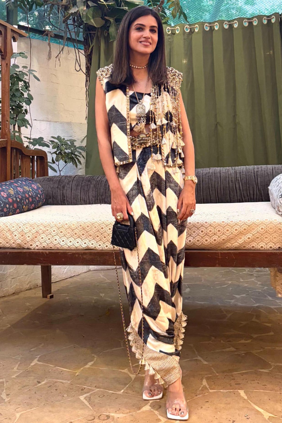 Chevron Print Velvet Bustier With Embroidered Jacket And Low Crotch Pants.