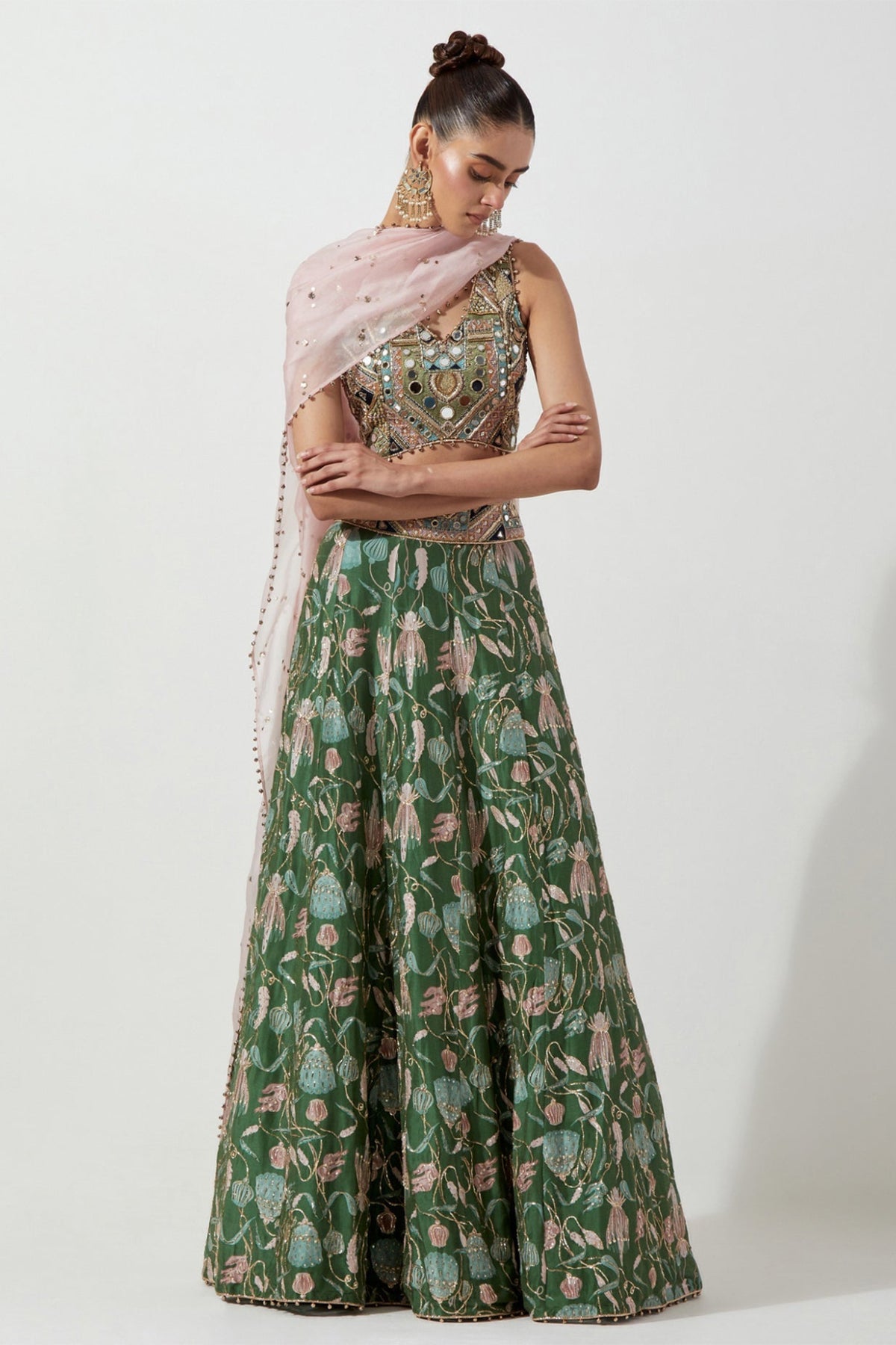 GREEN EMBROIDERED CHOLI & PRINTED LEHENGA WITH PINK ORGANZA DUPATTA