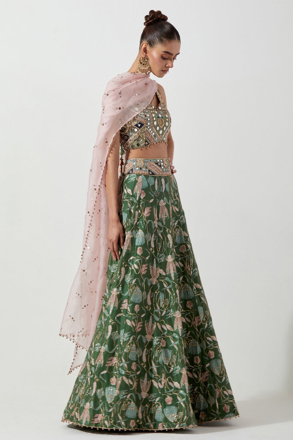 GREEN EMBROIDERED CHOLI & PRINTED LEHENGA WITH PINK ORGANZA DUPATTA