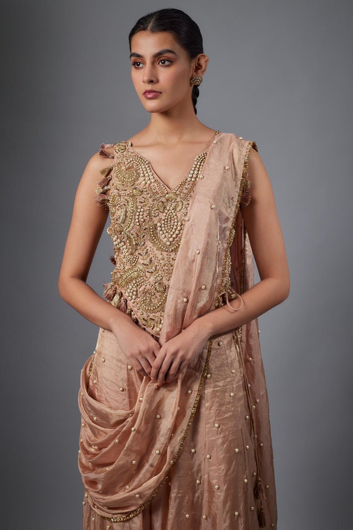 Dull Rose Tissue Embroidered Tissue Choli And Embroidred Sharara With Pallu