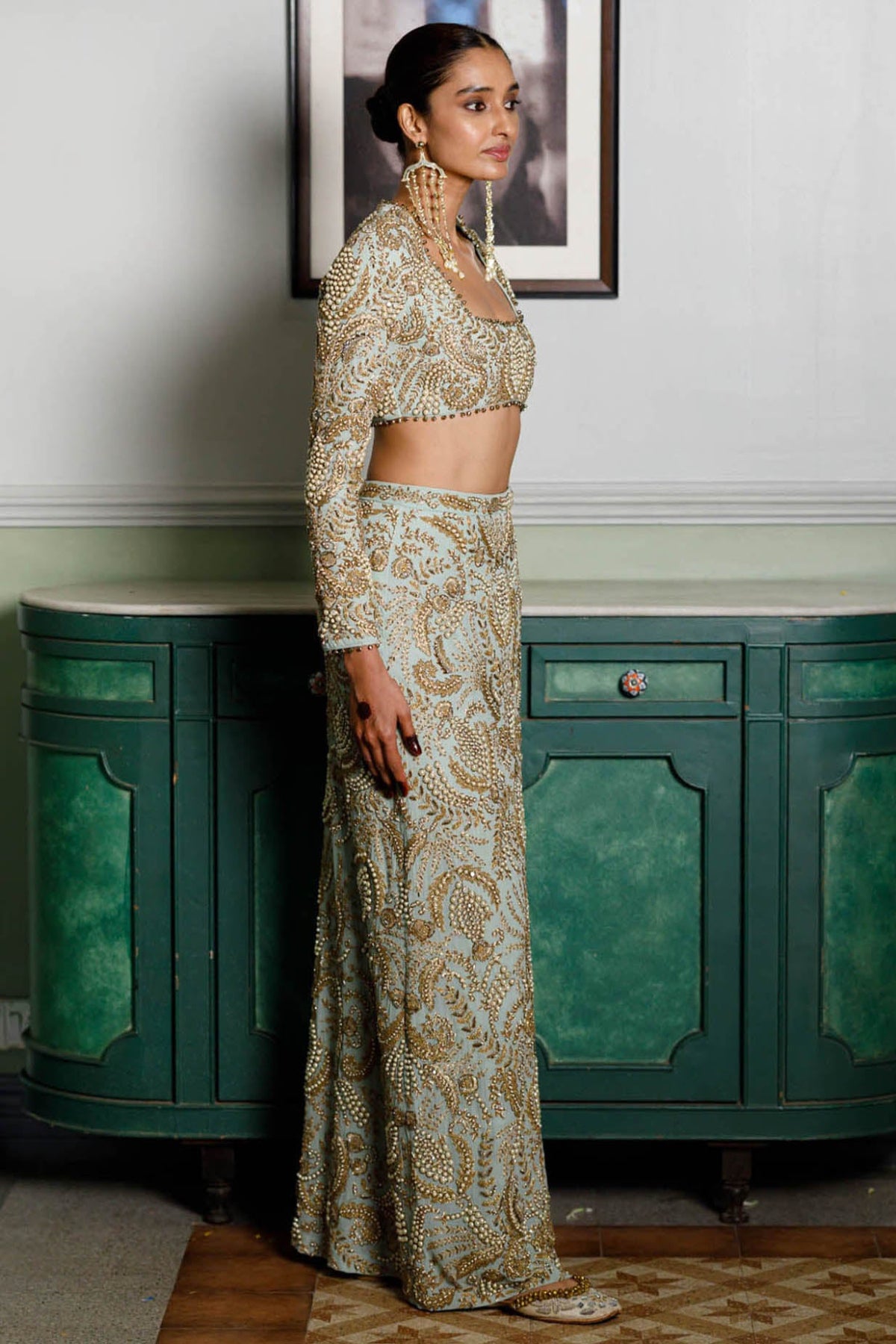 Soha Mint Embroidered Choli And Skirt