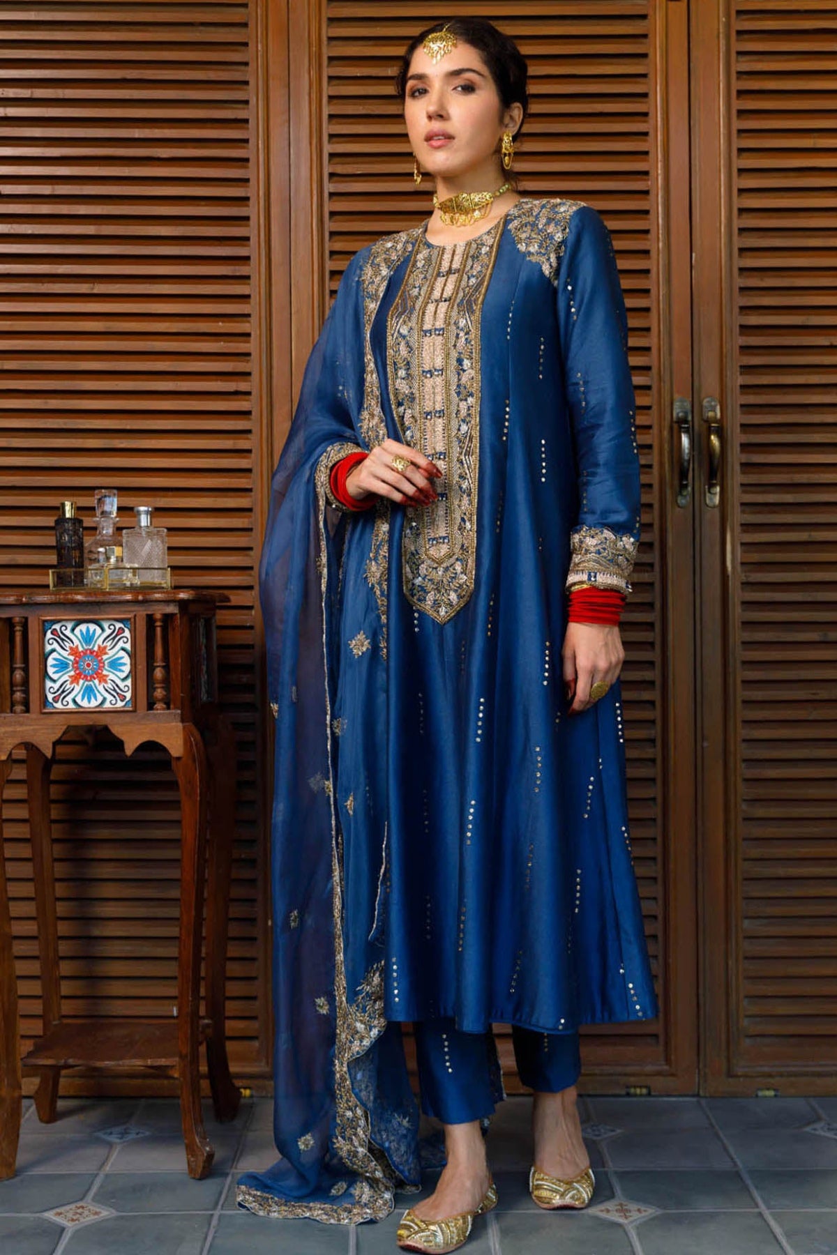 Ruksaan Navy Embroidred Yoke Kurta And Pant With Dupatta