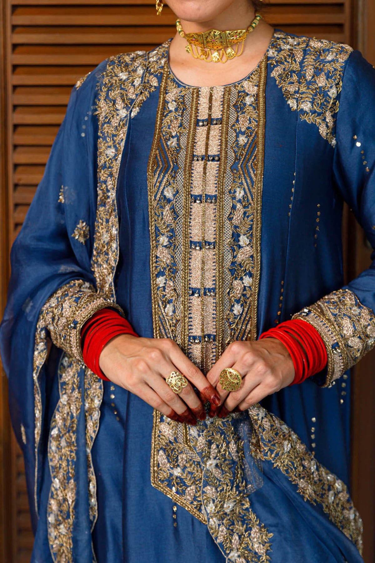 Ruksaan Navy Embroidred Yoke Kurta And Pant With Dupatta