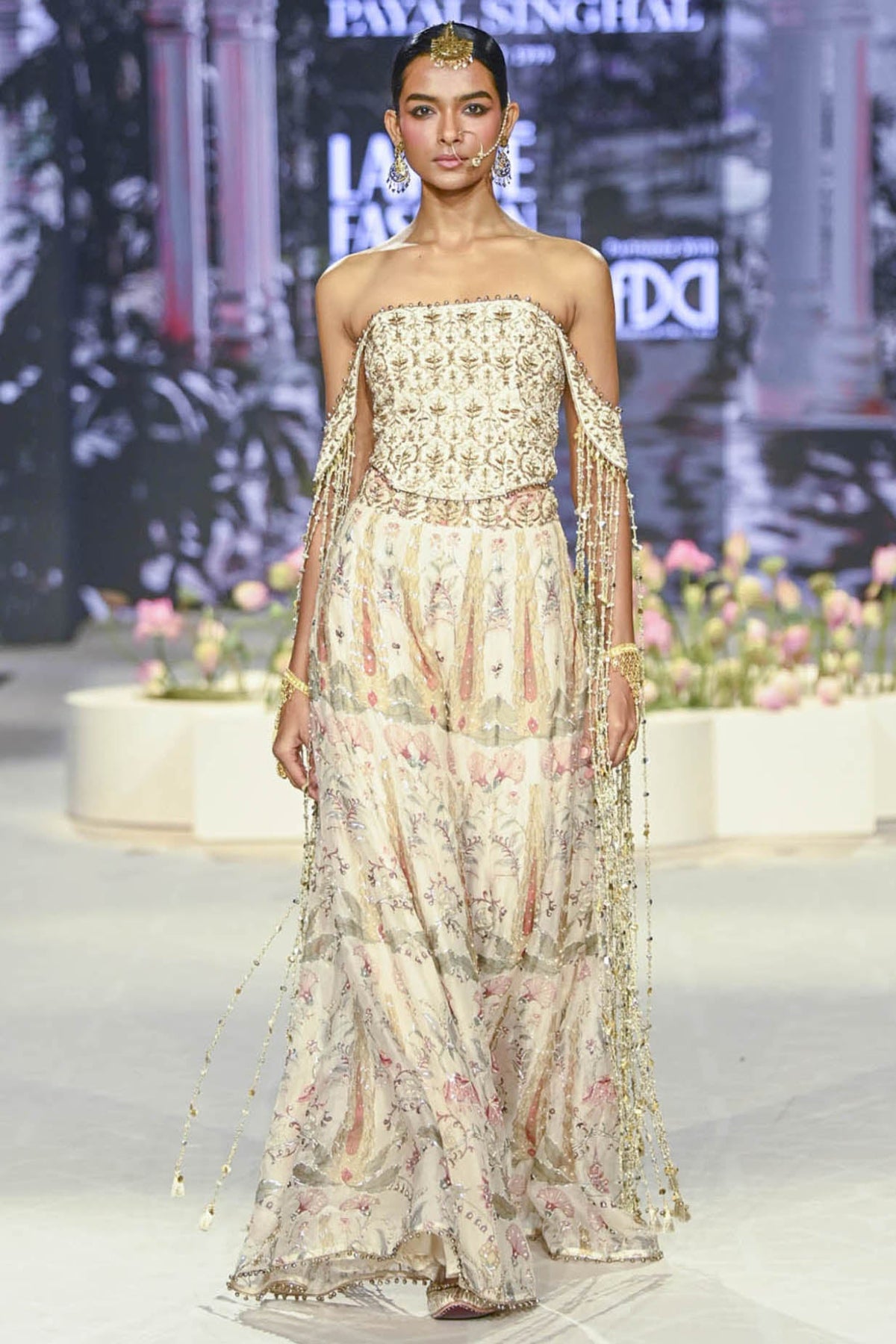 Anam Off White Corset Embroidered Choli With Ochre Forset Whisper Print Sharara