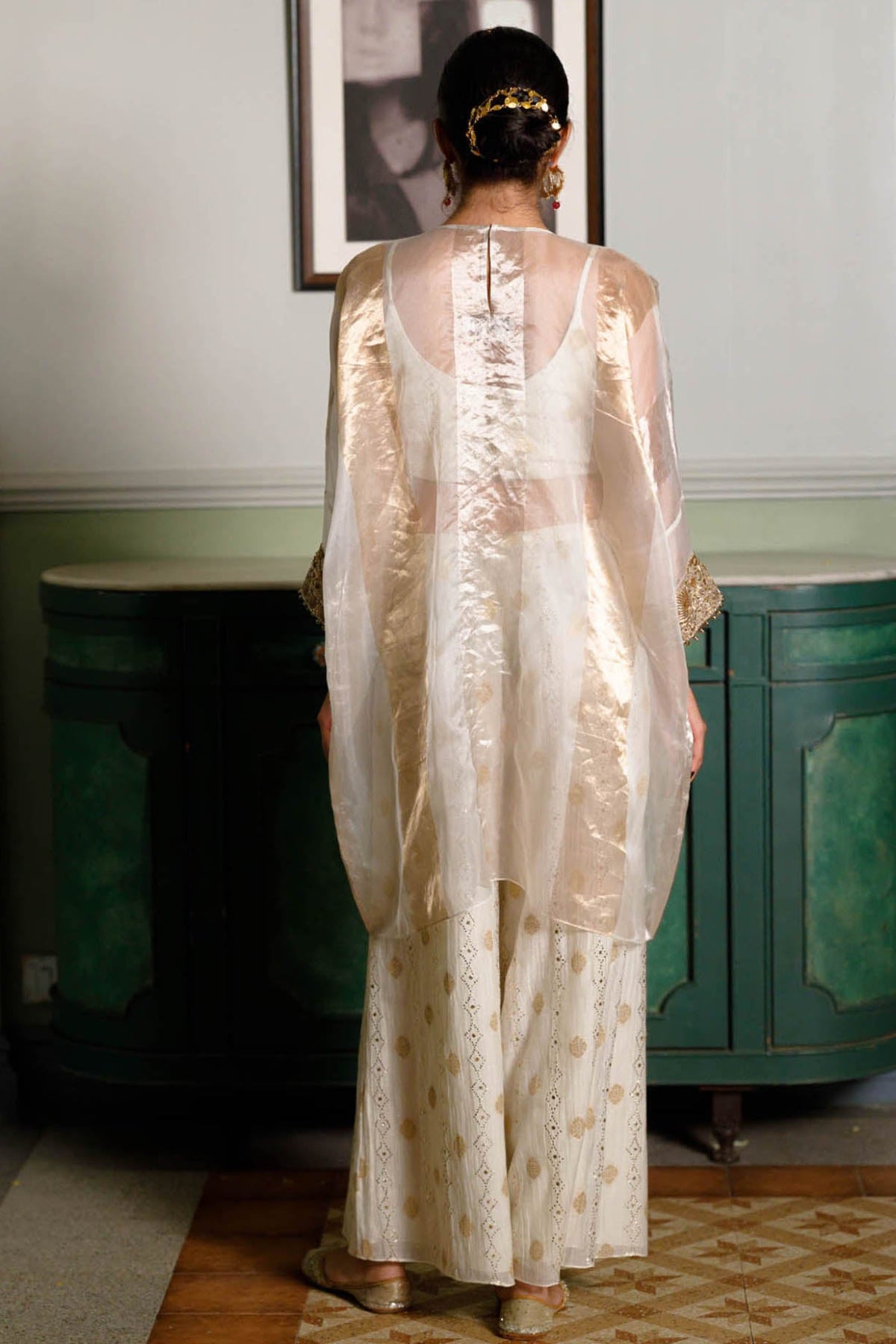 Parhez Gold Embroidered Tunic With Bustier And Palazzo