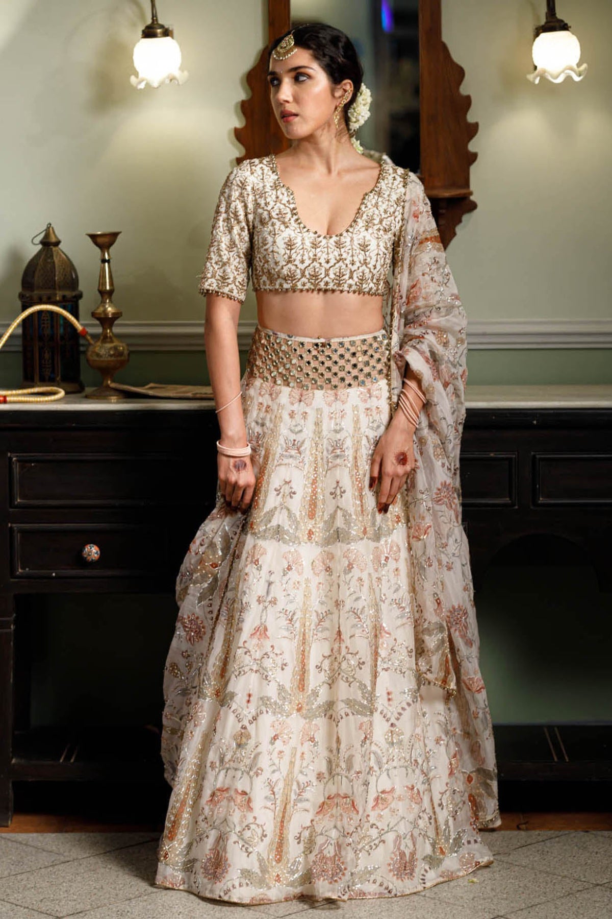 Sultana Cream Embroidered Choli With Cream Printed Lehenga And Embroidered Dupatta