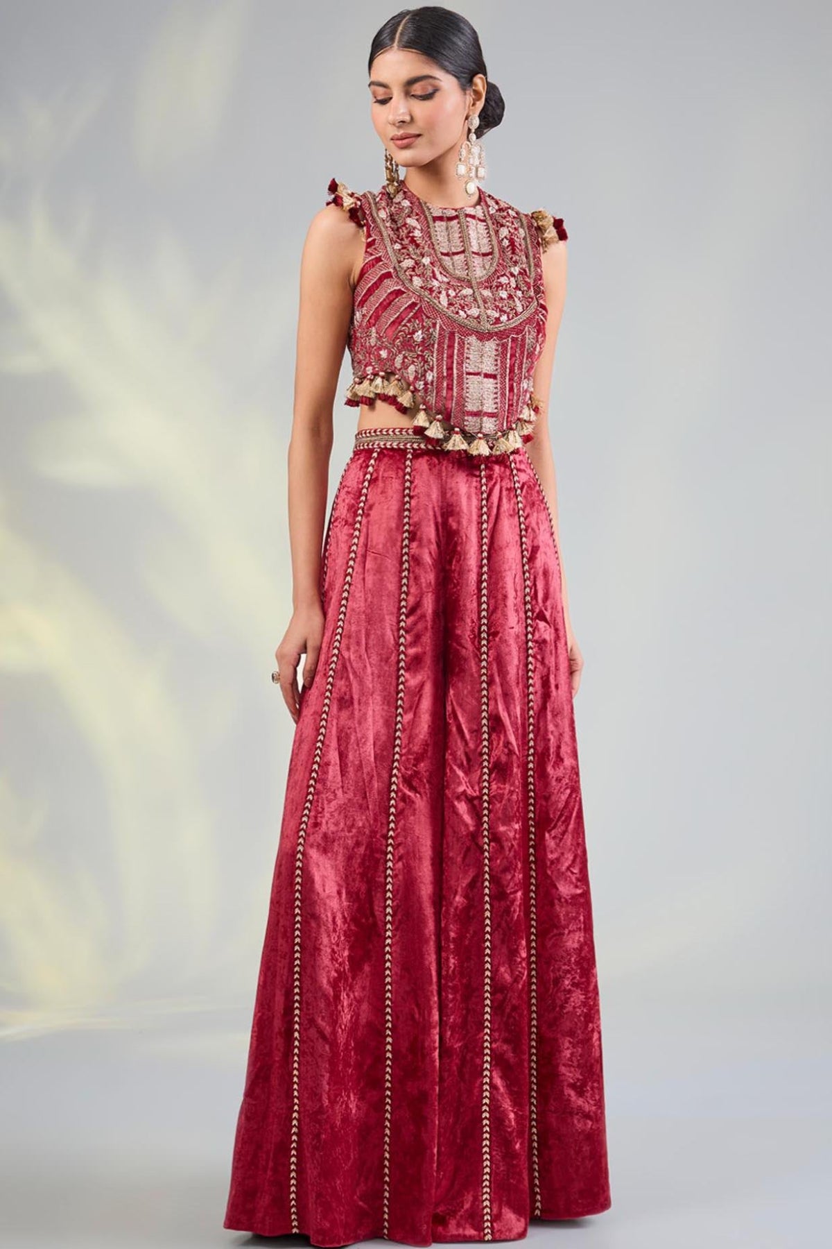 Dark Red Embroidered Choli With Sharara