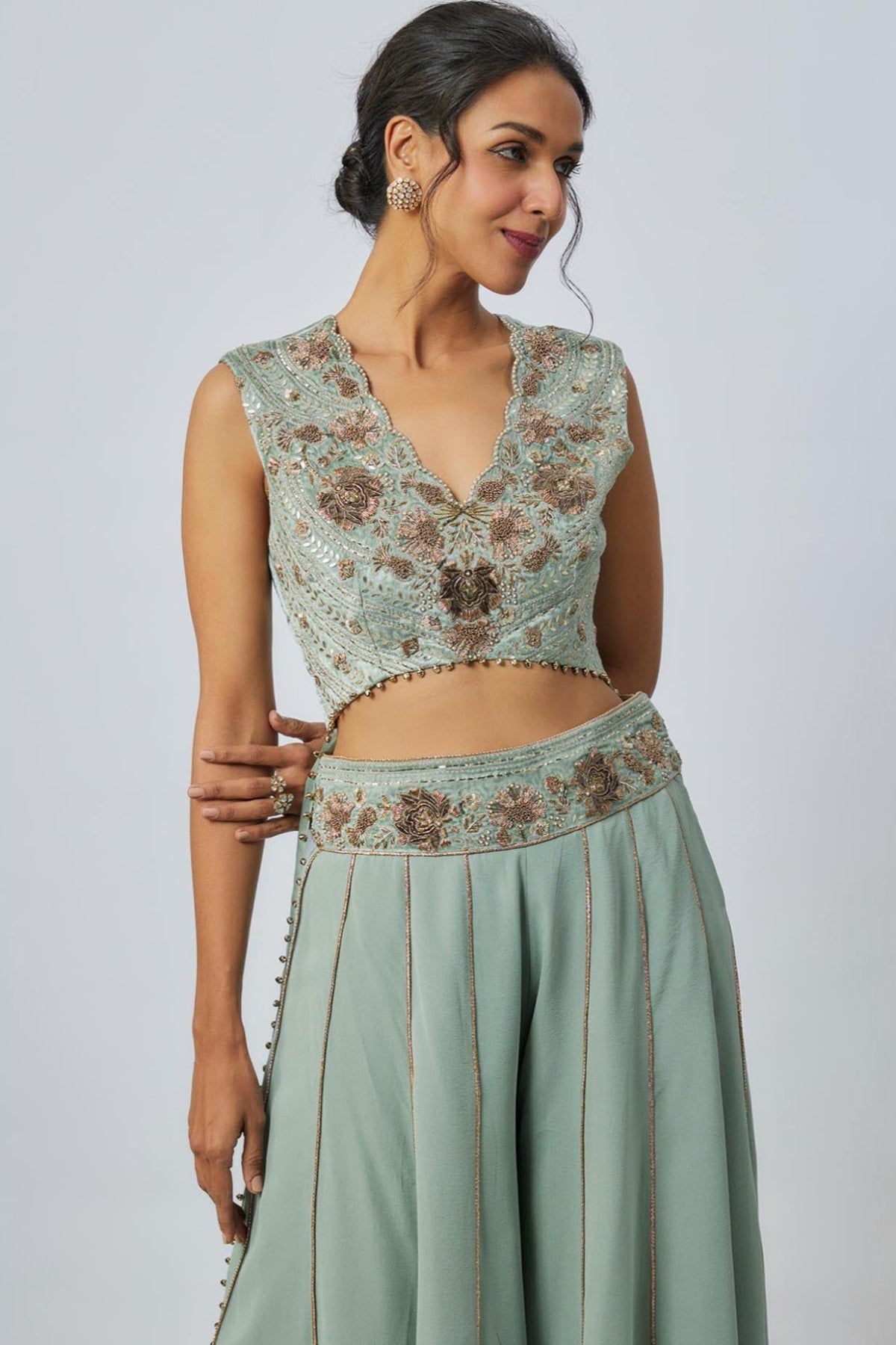 Seafoam High Low Embroidered Choli With Embroidered Sharara