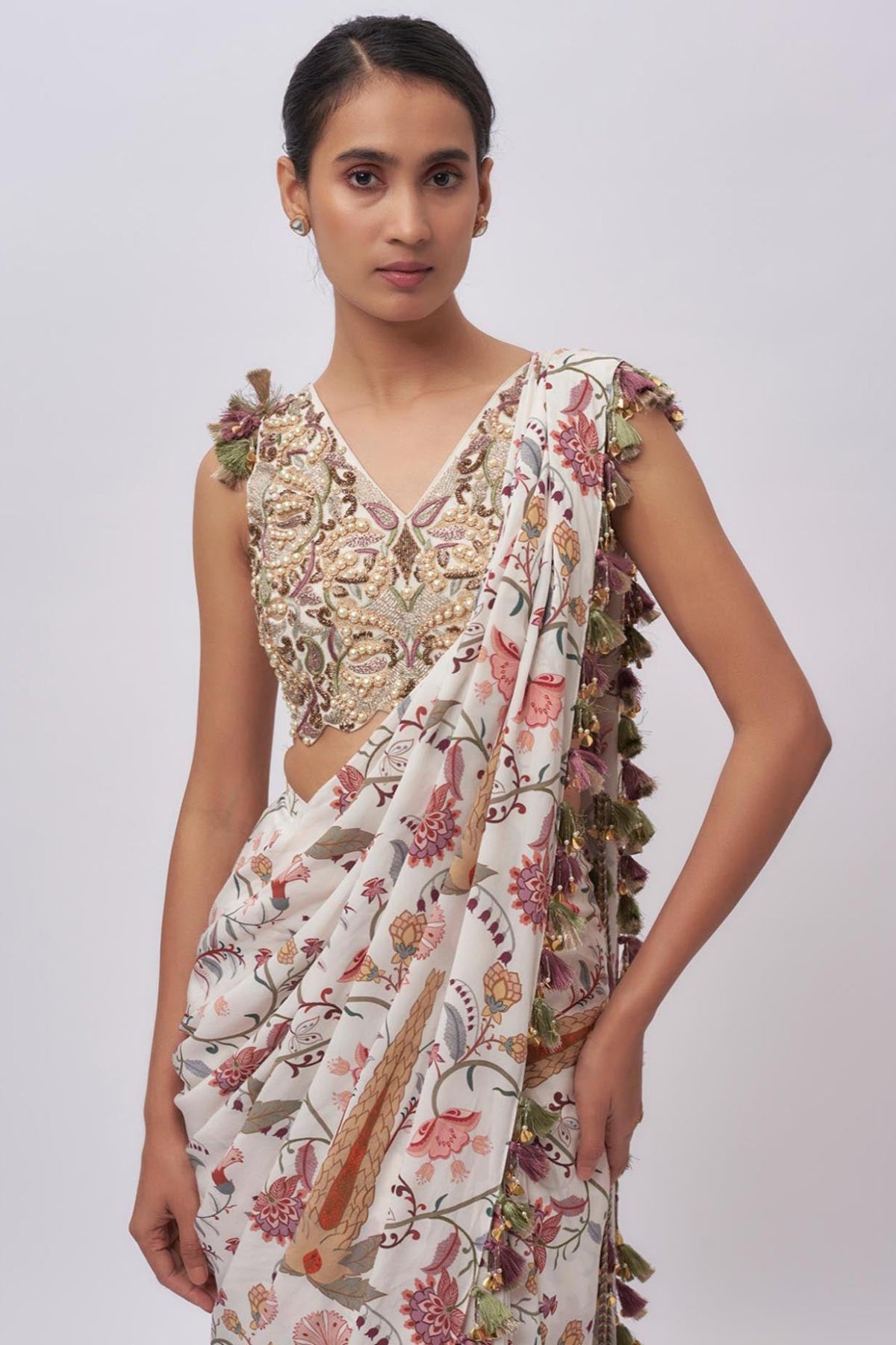 Cream Georgette Embroidered Choli With Cream Ochre Forest Whisper Print Crepe Pre-Stitched Saree.