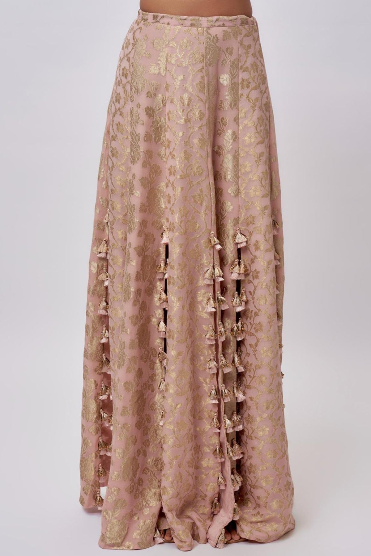 Blush Pink Velvet Embroidered Yoke Bib With Brocade Silk Bustier And Skirt