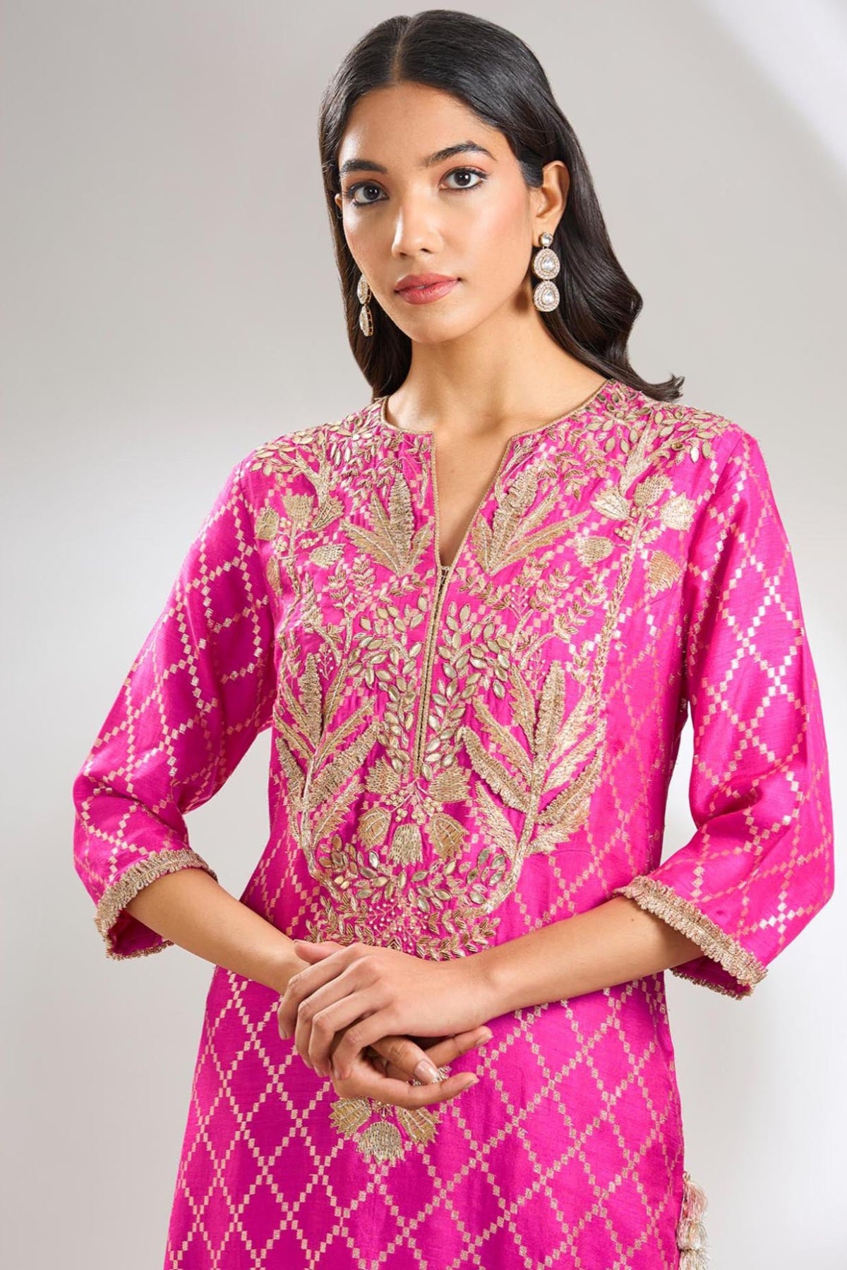 Hot Pink Embroidered Kurta With Pant And Embroidered Dupatta