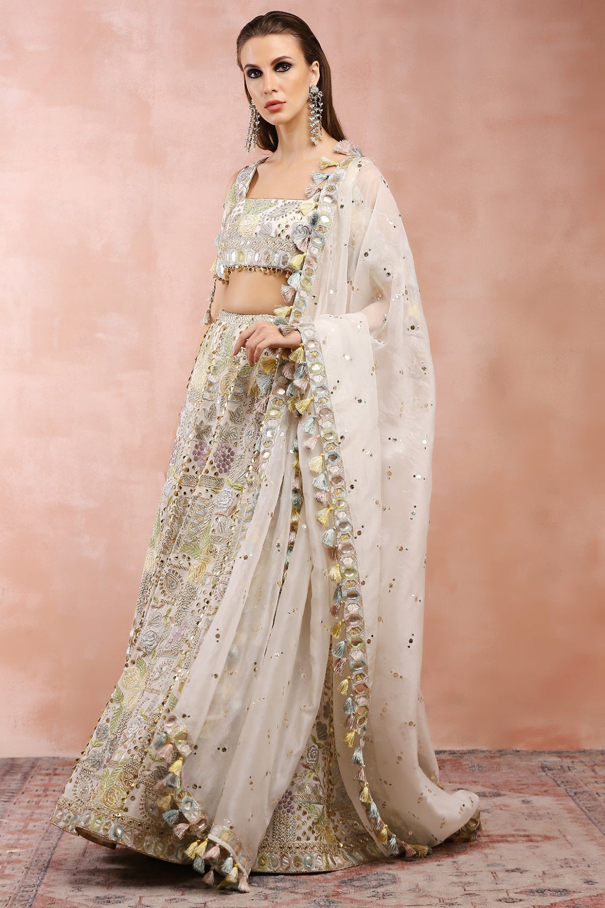 OFF WHITE APPLIQUE EMBROIDERED CHOLI AND LEHENGA WITH DUPATTA