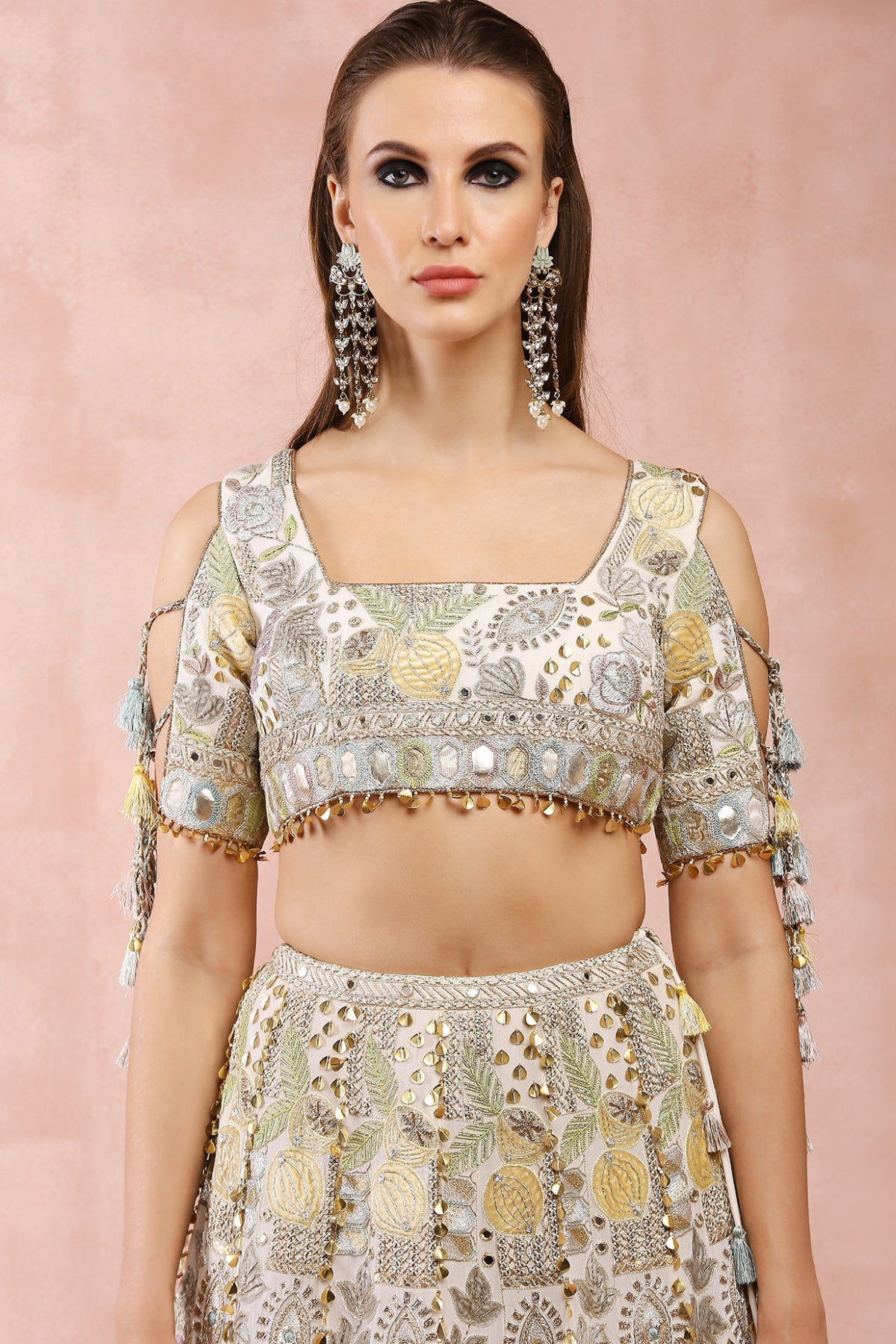 OFF WHITE APPLIQUE EMBROIDERED CHOLI AND LEHENGA WITH DUPATTA