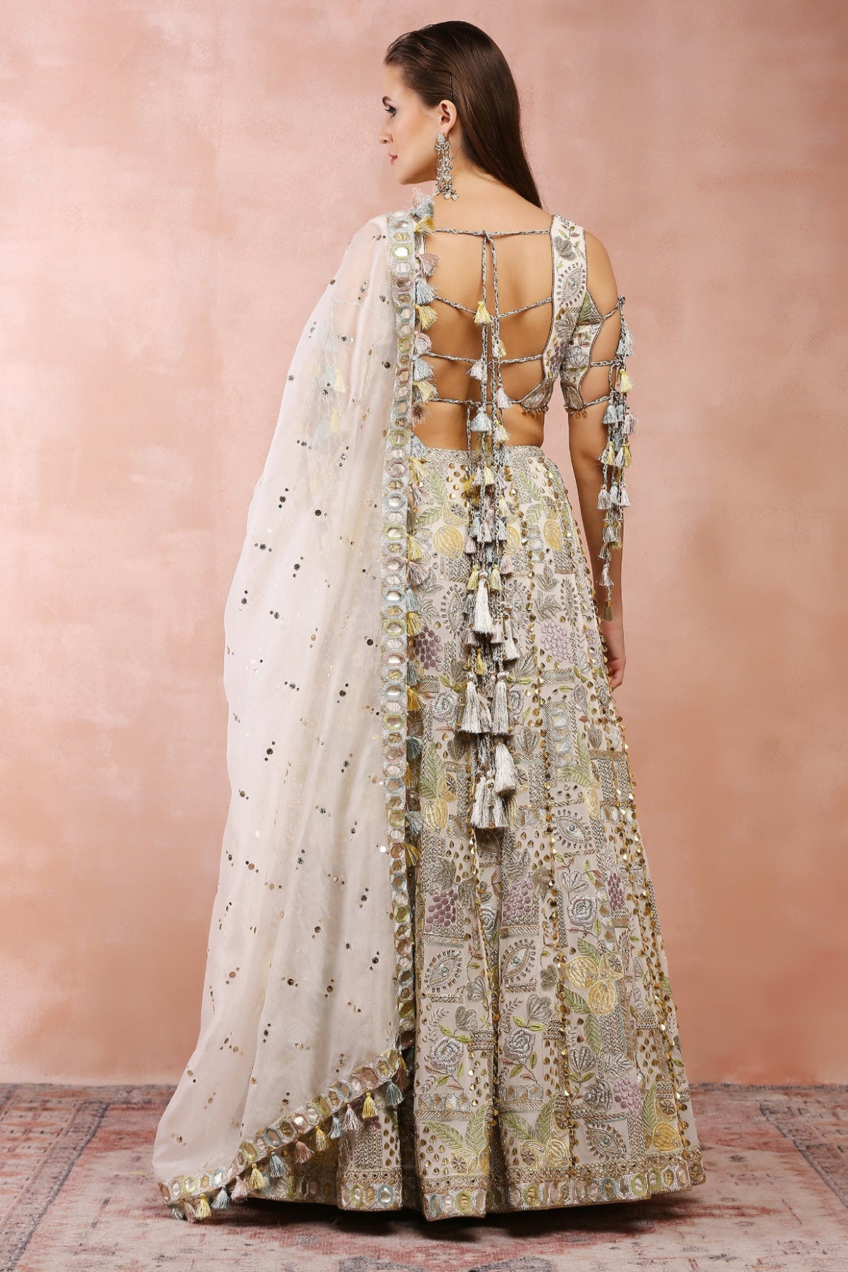 OFF WHITE APPLIQUE EMBROIDERED CHOLI AND LEHENGA WITH DUPATTA
