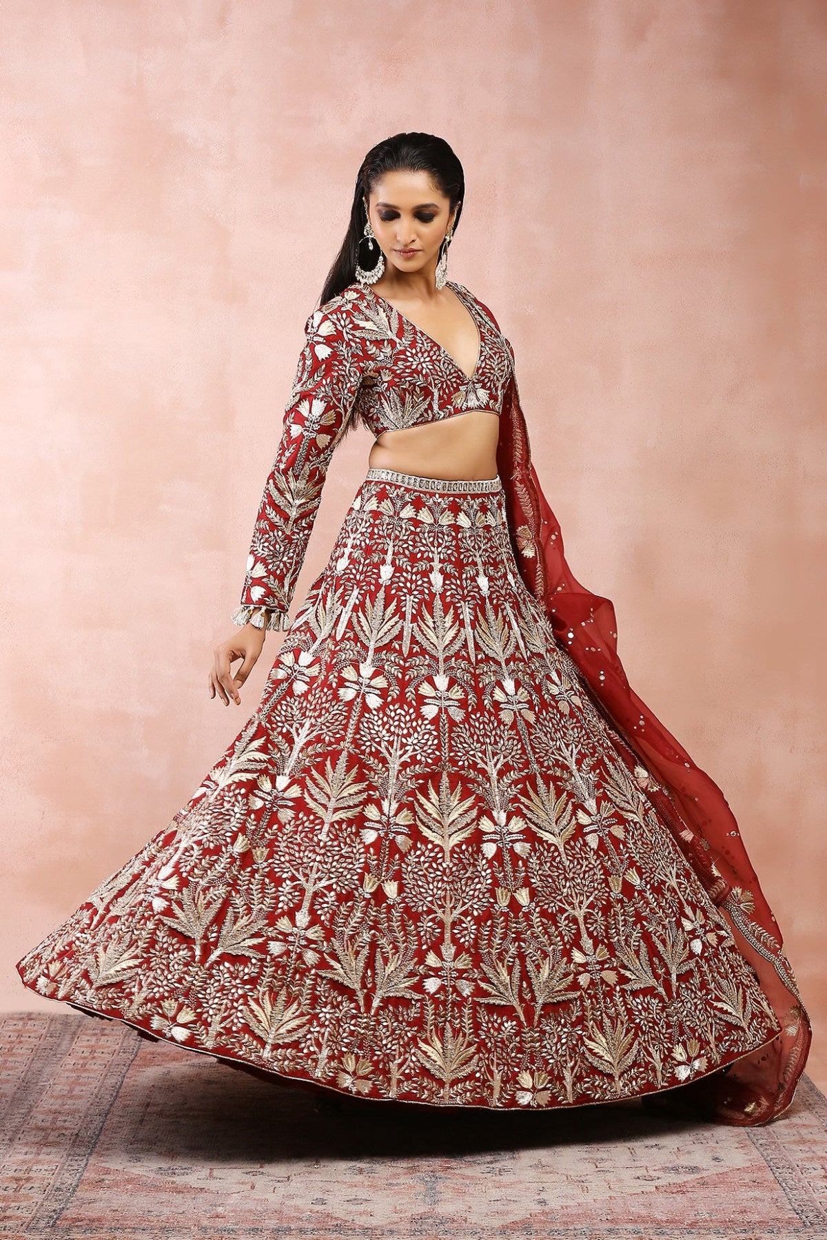 DARK RED BAGH EMBROIDERED CHOLI WITH LEHENGA AND DUPATTA