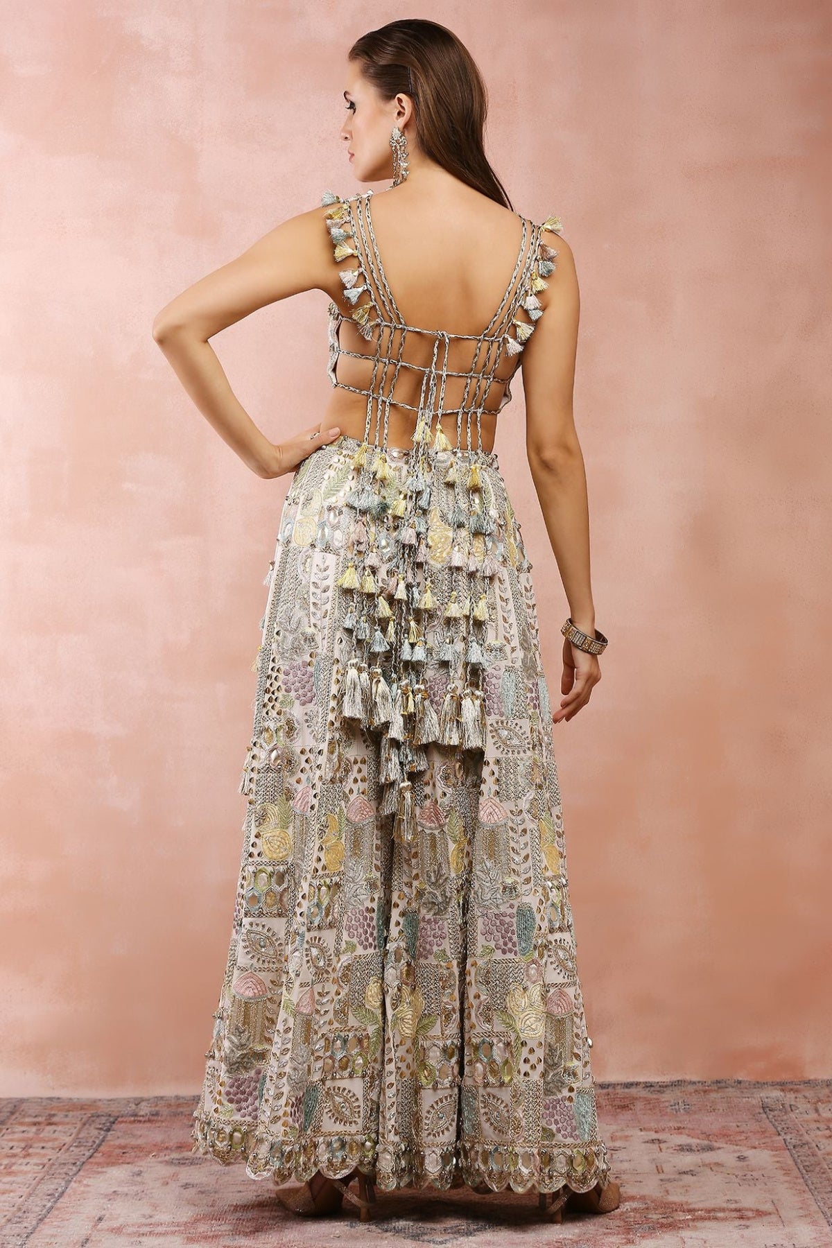OFF WHITE APPLIQUE EMBROIDERED CHOLI WITH SHARARA AND DUPATTA