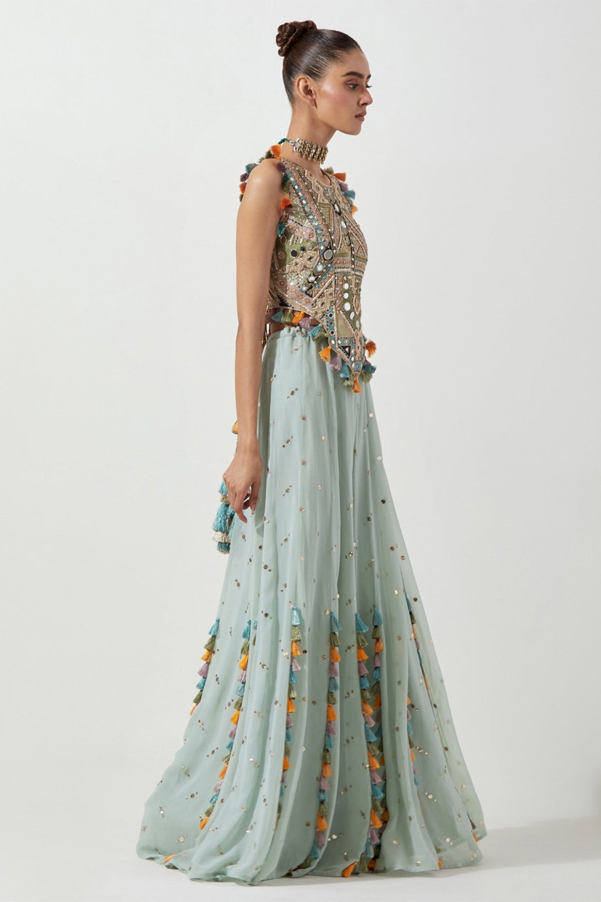 POWDER BLUE CHOLI WITH GEORGETTE SHARARA