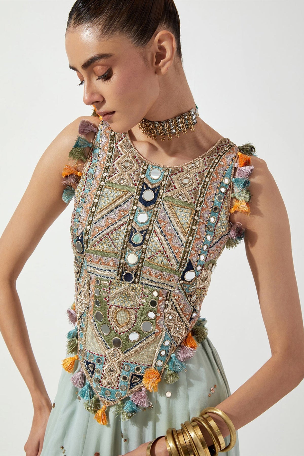 POWDER BLUE CHOLI WITH GEORGETTE SHARARA