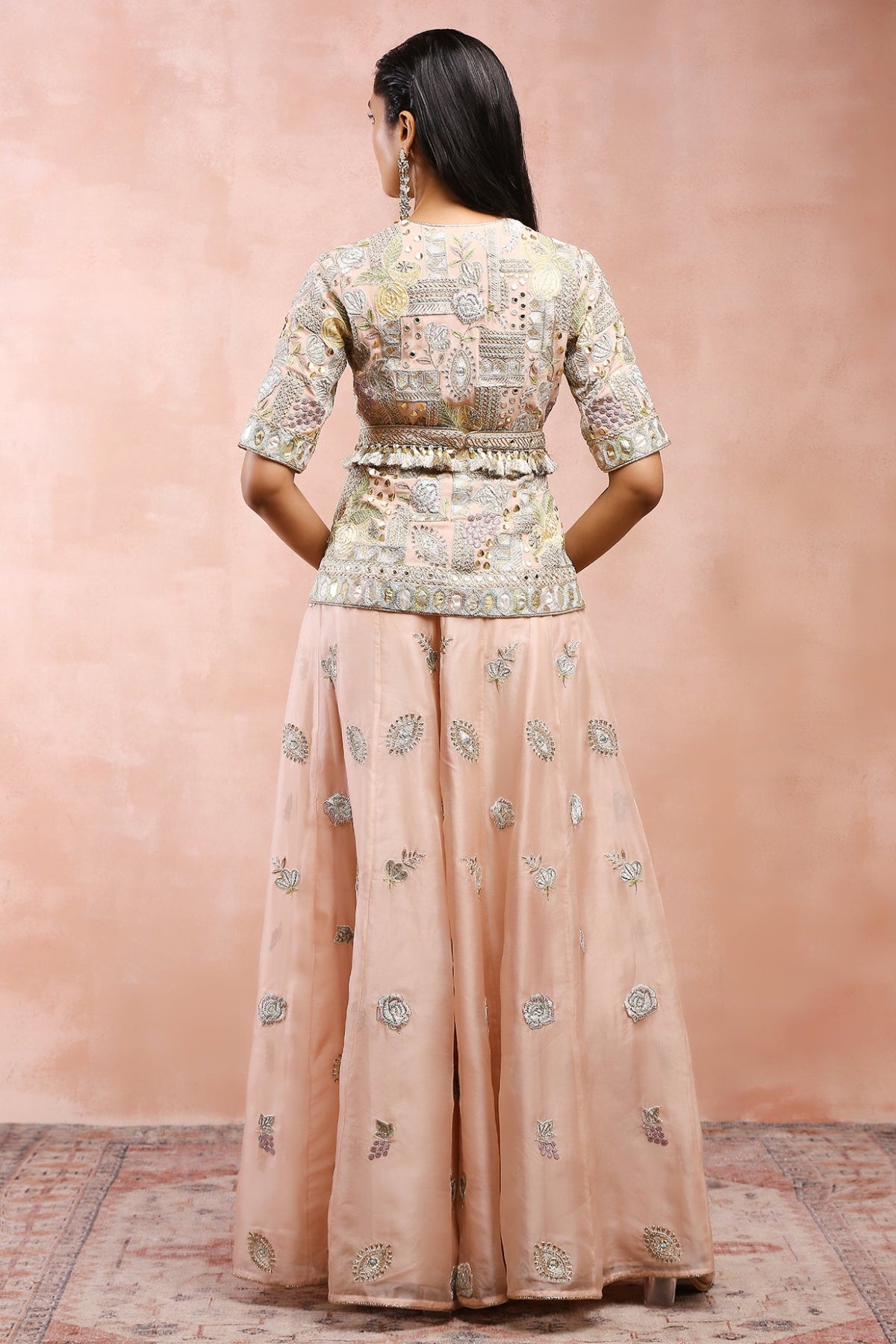 ROSE PINK APPLIQUE EMBROIDERD SHORT KURTA WITH BELT AND ORGANZA SHARARA