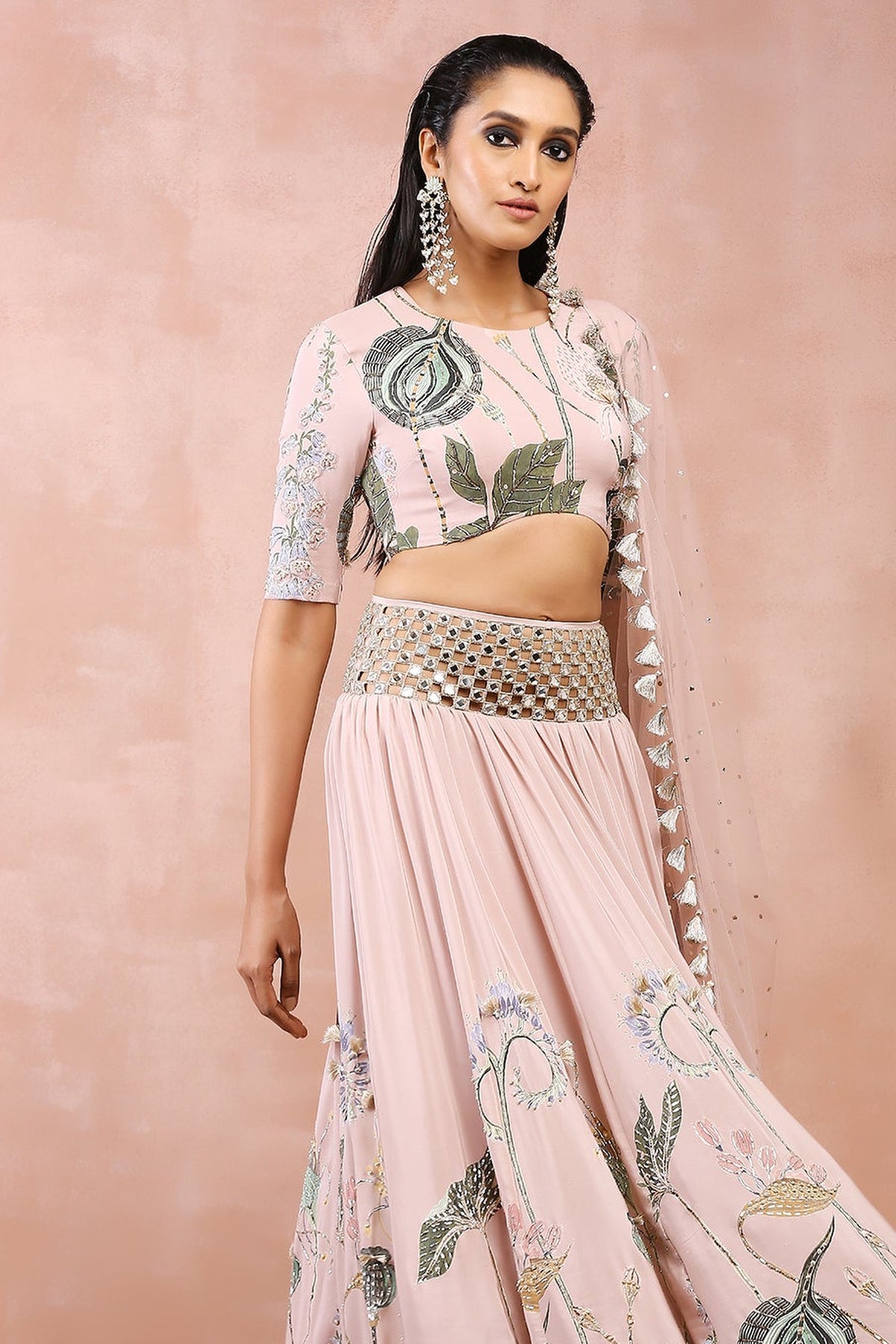 ROSE PINK NILOUFAR PRINT EMBROIDERED CHOLI WITH LEHENGA AND DUPATTA