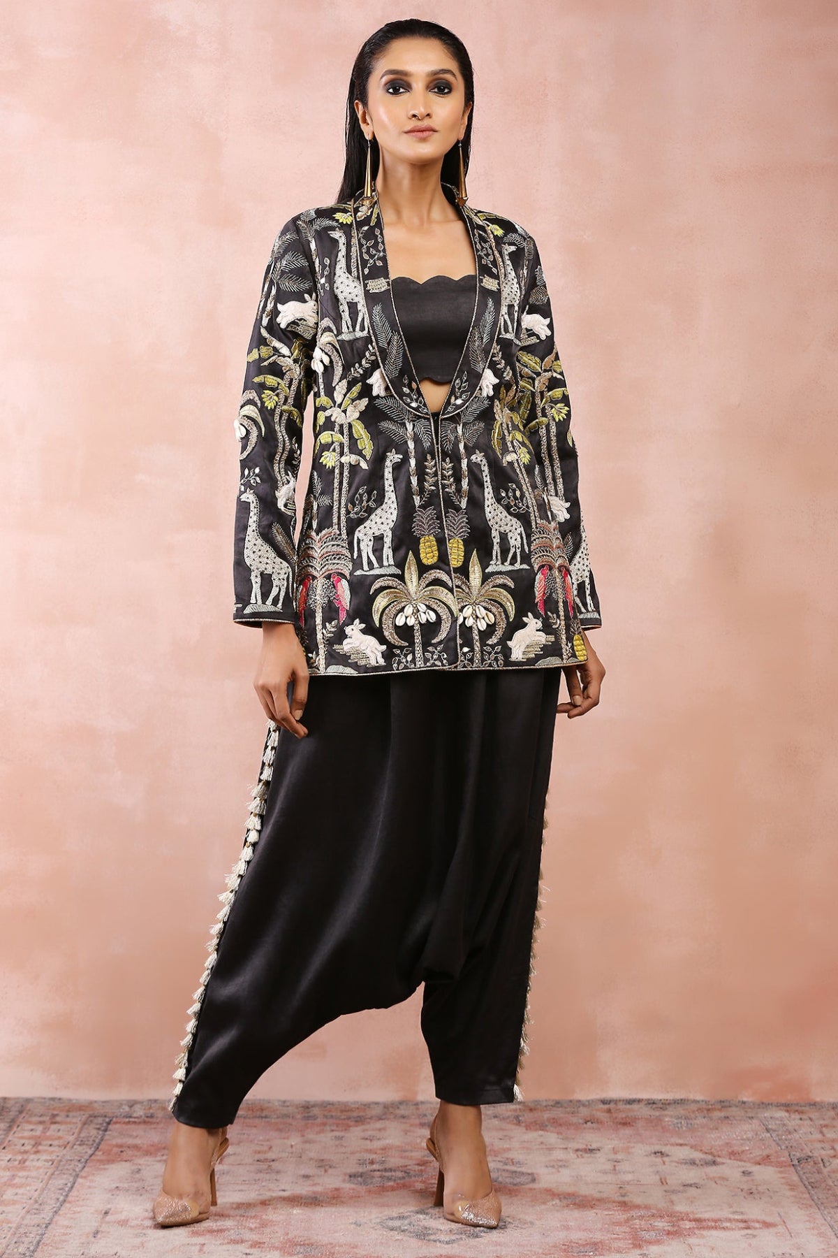 BLACK EMBROIDERED JACKET WITH BUSTIER AND LOW CROTCH PANT