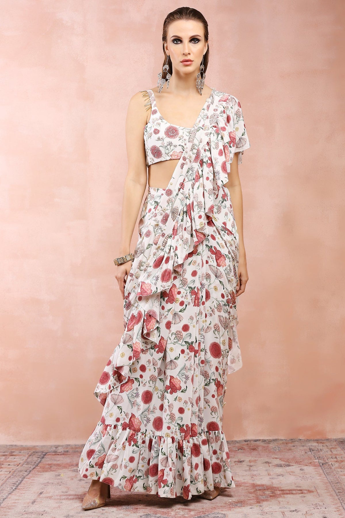 OFF WHITE GULBAGH PRINT EMBROIDERED CHOLI WITH PRE-STITCHED FRILL SAREE