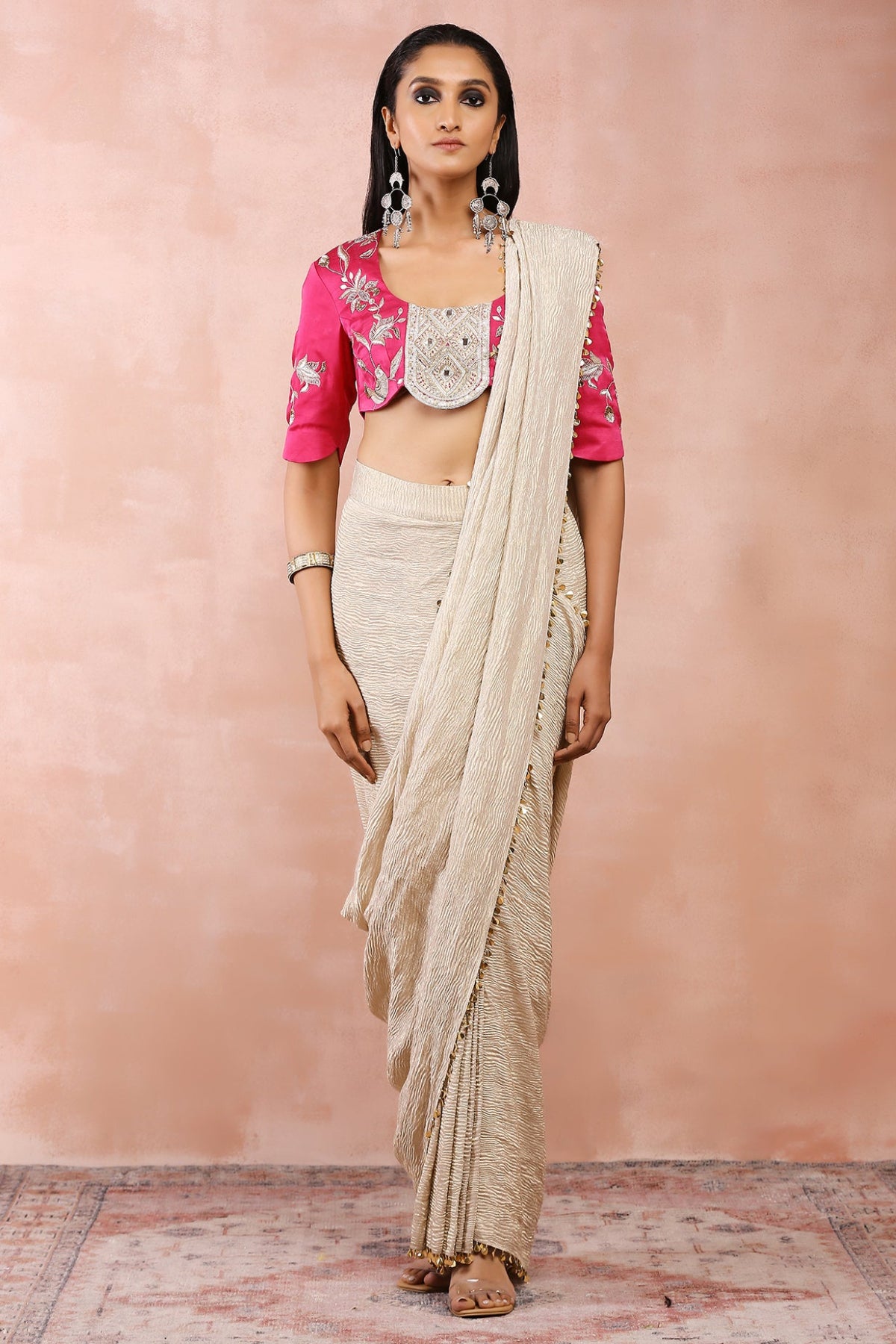 HOT PINK EMBROIDERED CHOLI WITH SILVER SAREE