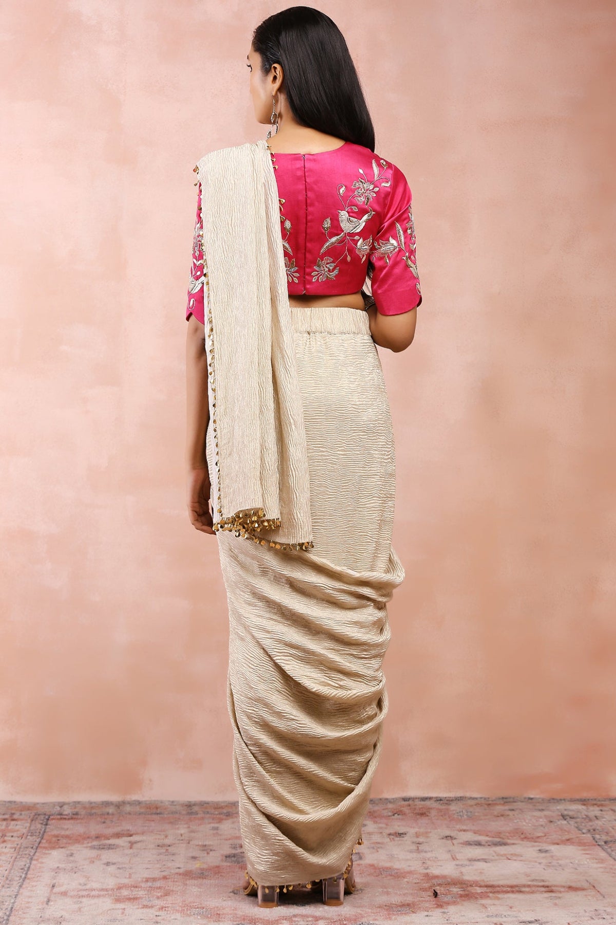 HOT PINK EMBROIDERED CHOLI WITH SILVER SAREE
