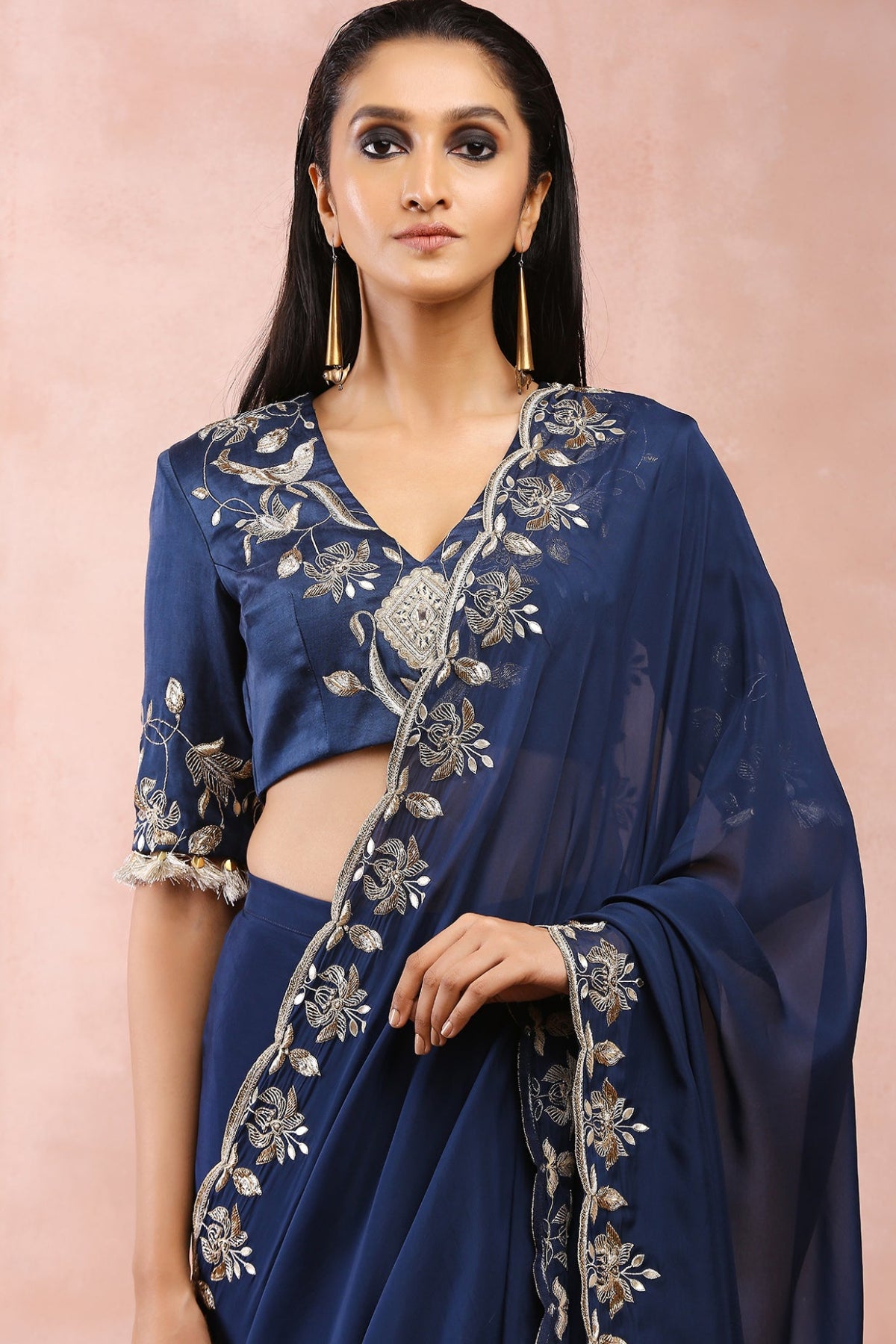 NAVY CHOLI AND PRESTITCHED SAREE