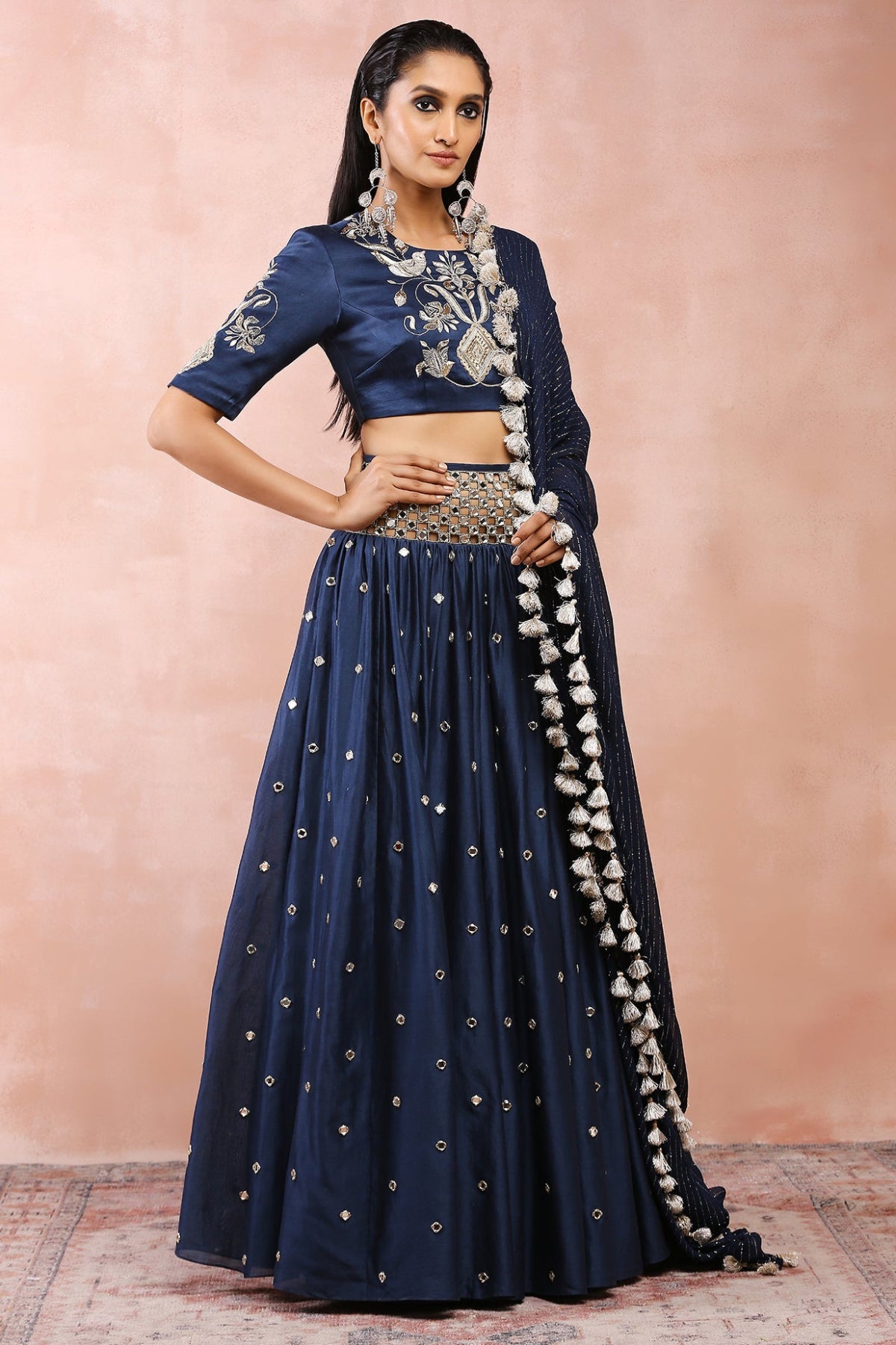 NAVY EMBROIDERED CHOLI AND CUTWORK BELT LEHENGA WITH DUPATTA